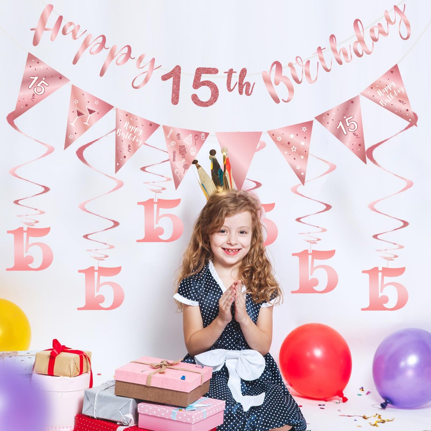 BRT Bearingshui 15th Birthday Decoration Kit for Girls, Happy 15th Banner Bunting Swirls Streamers, Triangle Flag Banner for Party Decorations, Rose Gold 15th