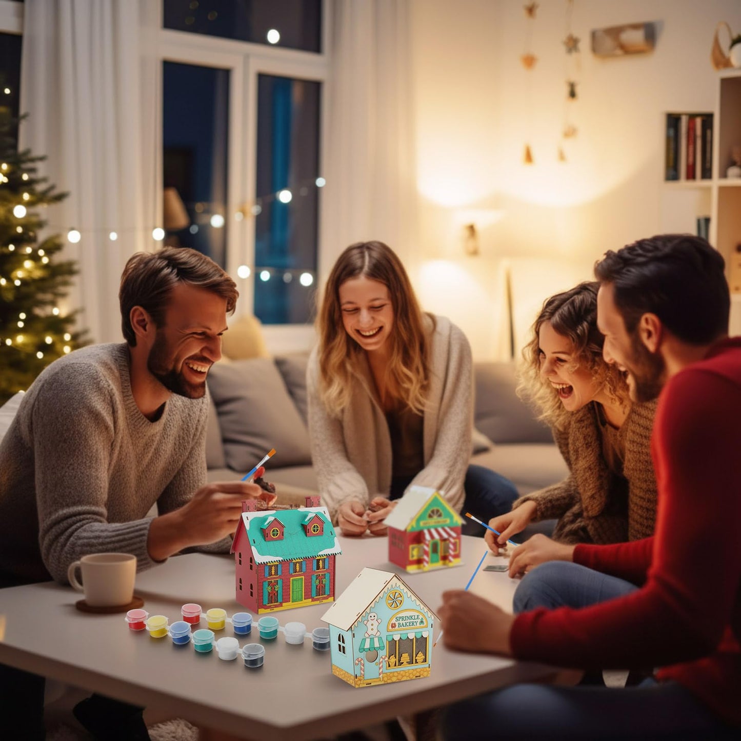 Thyle 6 Pcs DIY Wooden Christmas Gingerbread House Paints Kit, Unfinished Paint and Sip Kit Wooden 3D Holiday House for Adult Craft with Glitter Glue Paint Pen for Christmas Girl Night Art Favor Decor