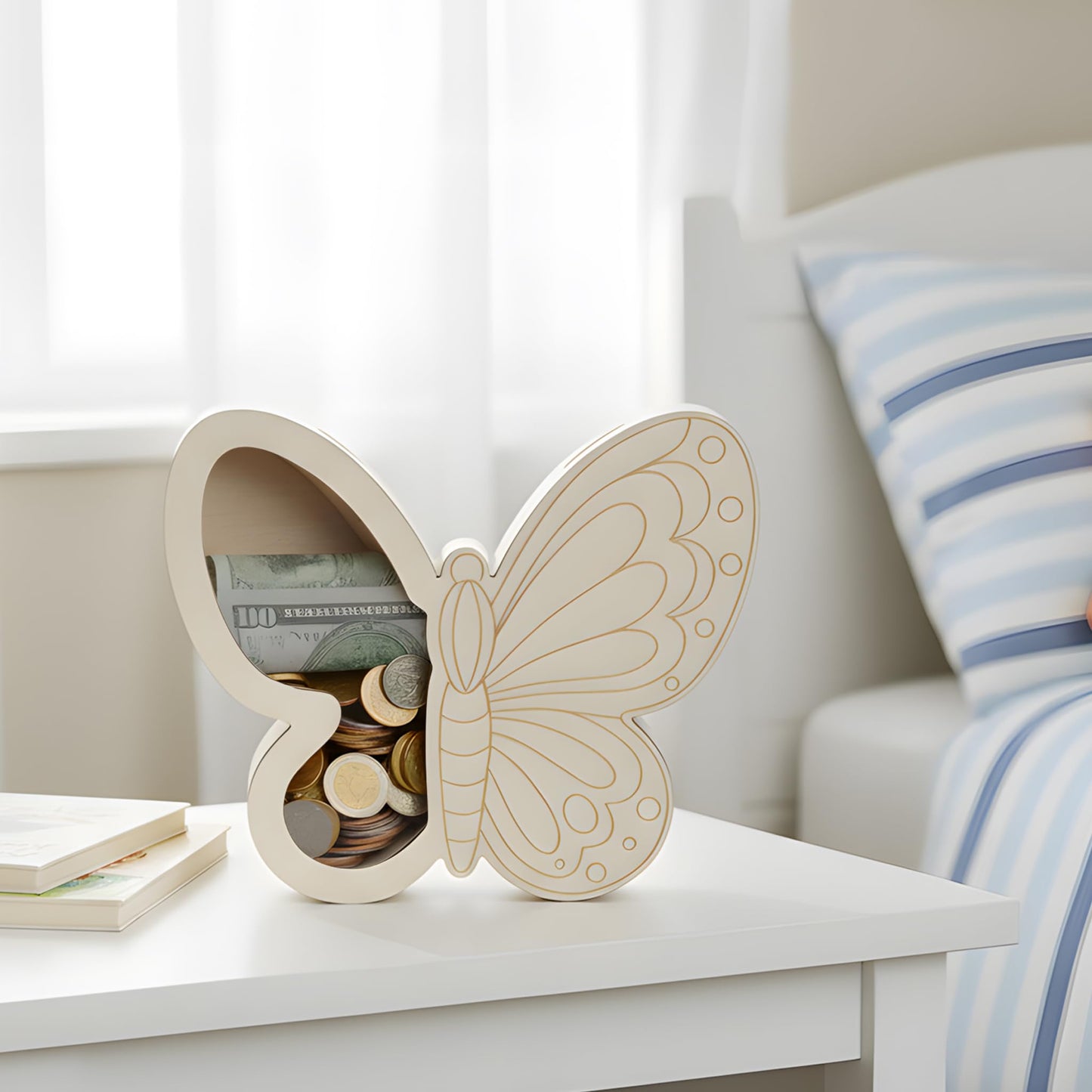 Butterfly Piggy Bank for Kids, Paint Your Own DIY Butterfly Bank with Clear Window, Wooden Savings Box for Coins and Bills, Room Decor Gift