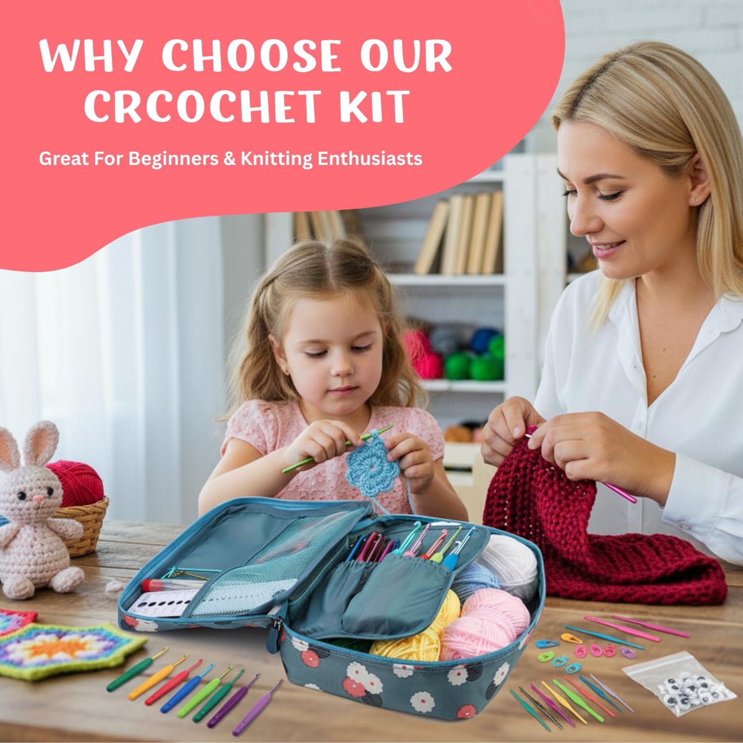 Crochet Kit for Beginners Adults & Kids | 52pcs Crochet Hooks Set with Yarn, Ergonomic Crochet Needles & Storage Case | Perfect Crochet Starter Kit for Travel, Knitting Supplies & DIY Crafts Gift