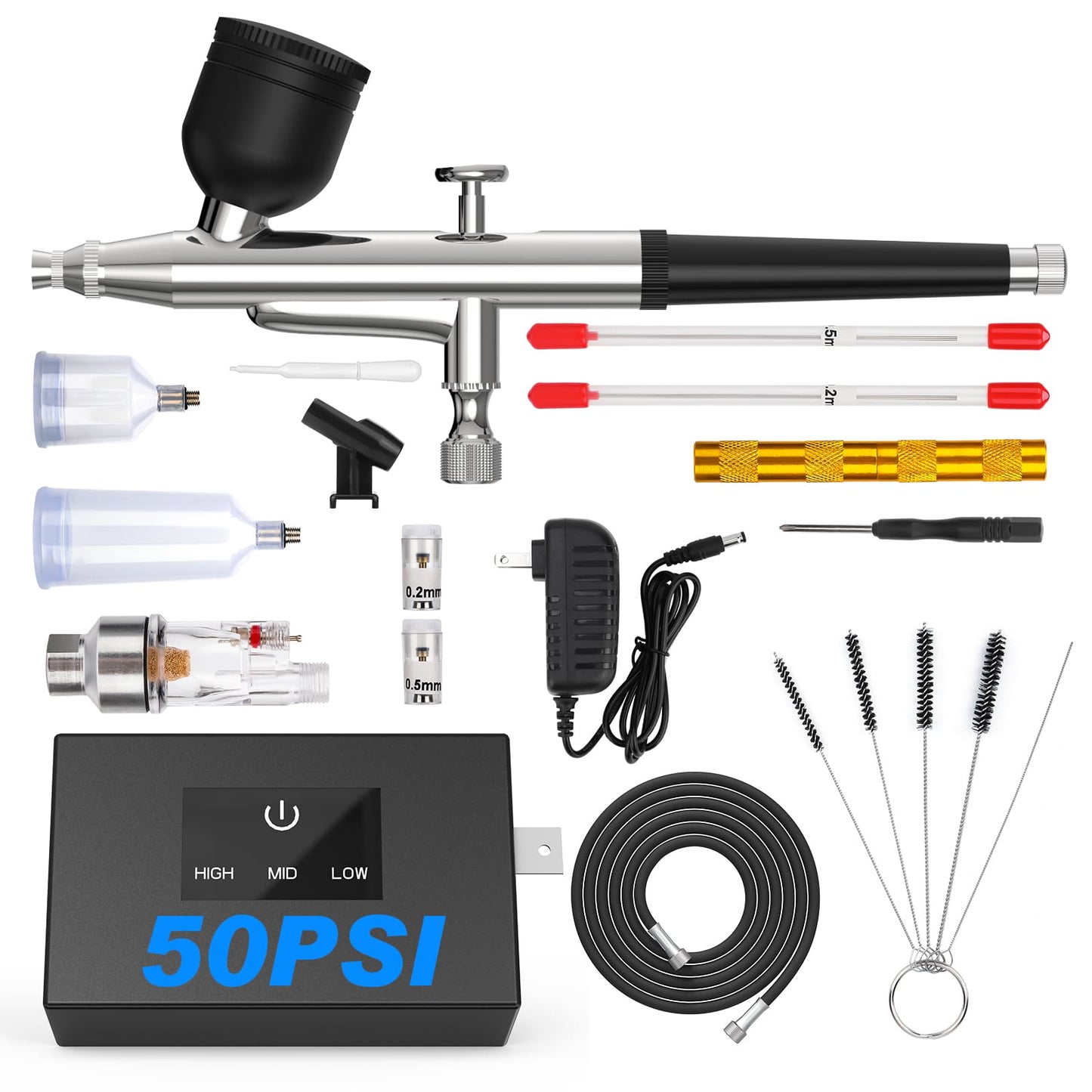 Airbrush Kit with Air Compressor, 50 PSI Clog-Resistant Air Brush Set, Dual Action Airbrush Gun with 3 Nozzles, Cleaning Kit for Painting, Models, Nails, Makeup, Cake Decorating