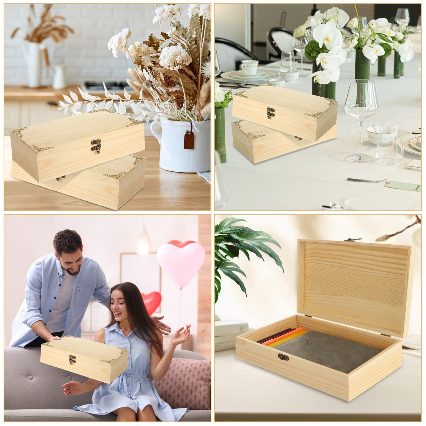 LANIAKEA 2PCS Unfinished Wood Box, 12" x 7.2" x 3" Wooden Box for Crafts, Wooden Box with Hinged Lid, Large Wooden Box for DIY Craft Art Hobbies and Home Storage