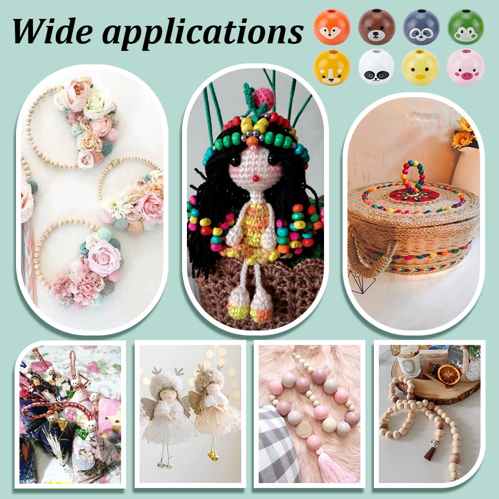 PH PandaHall 80PCS Animal Printed Wood Beads, 8 Style 19mm Wooden Farmhouse Animals Beads with Dog Pig Fox Bear Frog Pattern Round Wood Bead for DIY Jewelry Making Christmas Decorations 5mm Hole