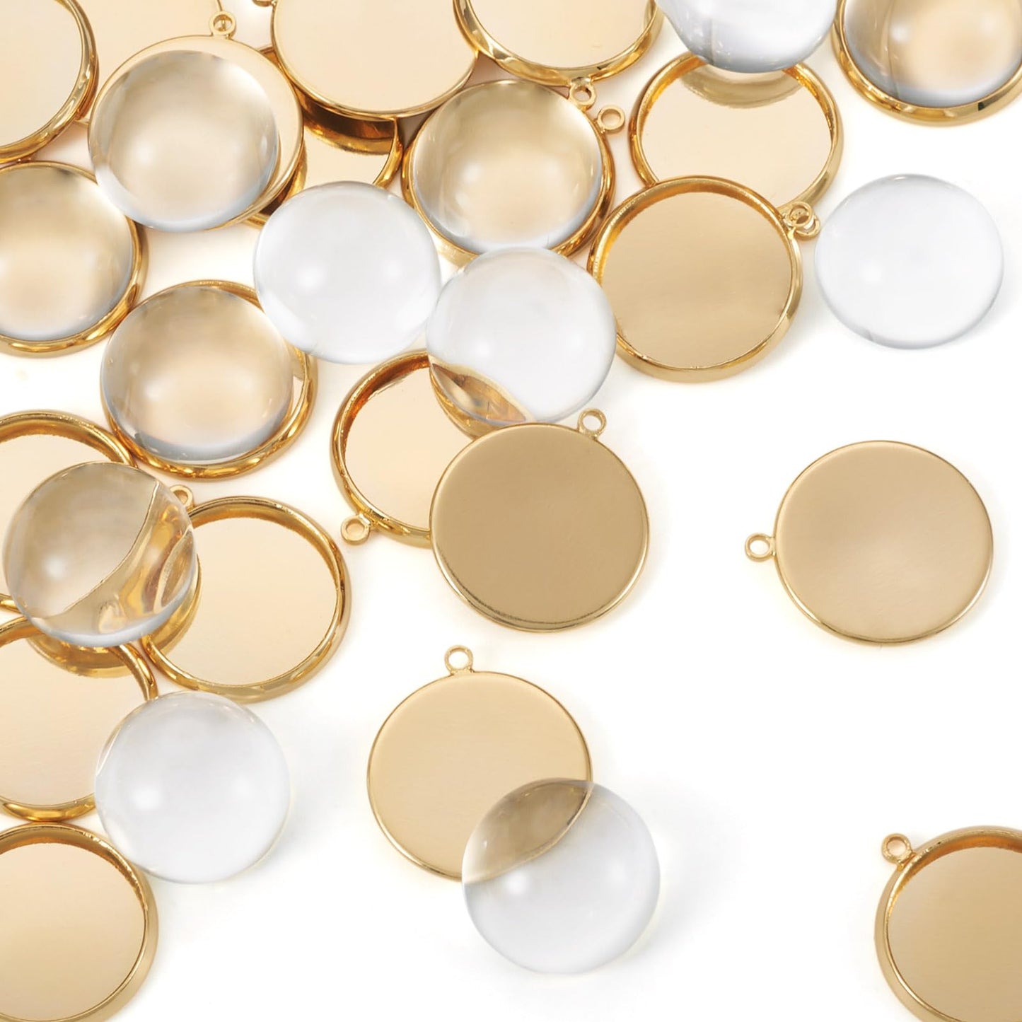 Beadthoven 40Pcs DIY Pendant Trays Kit, 14mm Round Bezel Pendant Trays Blanks Real 18K Gold Plated Brass Cabochon Settings with Clear Glass Cabochons for DIY Crafting Photo Jewelry Making
