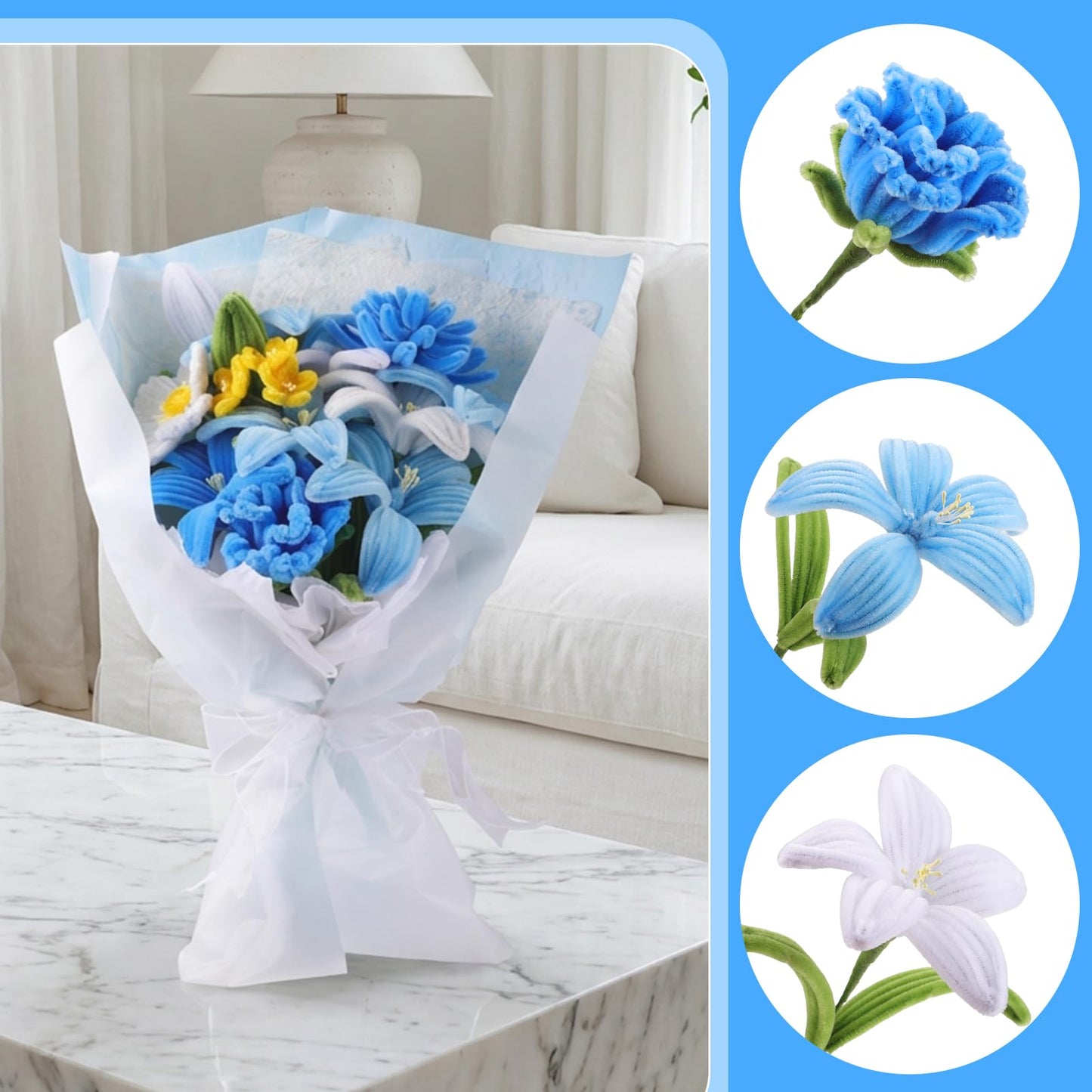 WSICSE 500Pcs Blue Pipe Cleaner Flower Kit, Pipe Cleaners Bulk Chenille Stems with Floral Wires, Gardening Tape,Stamen& Ribbon, Wrapping Paper (5 Colors)