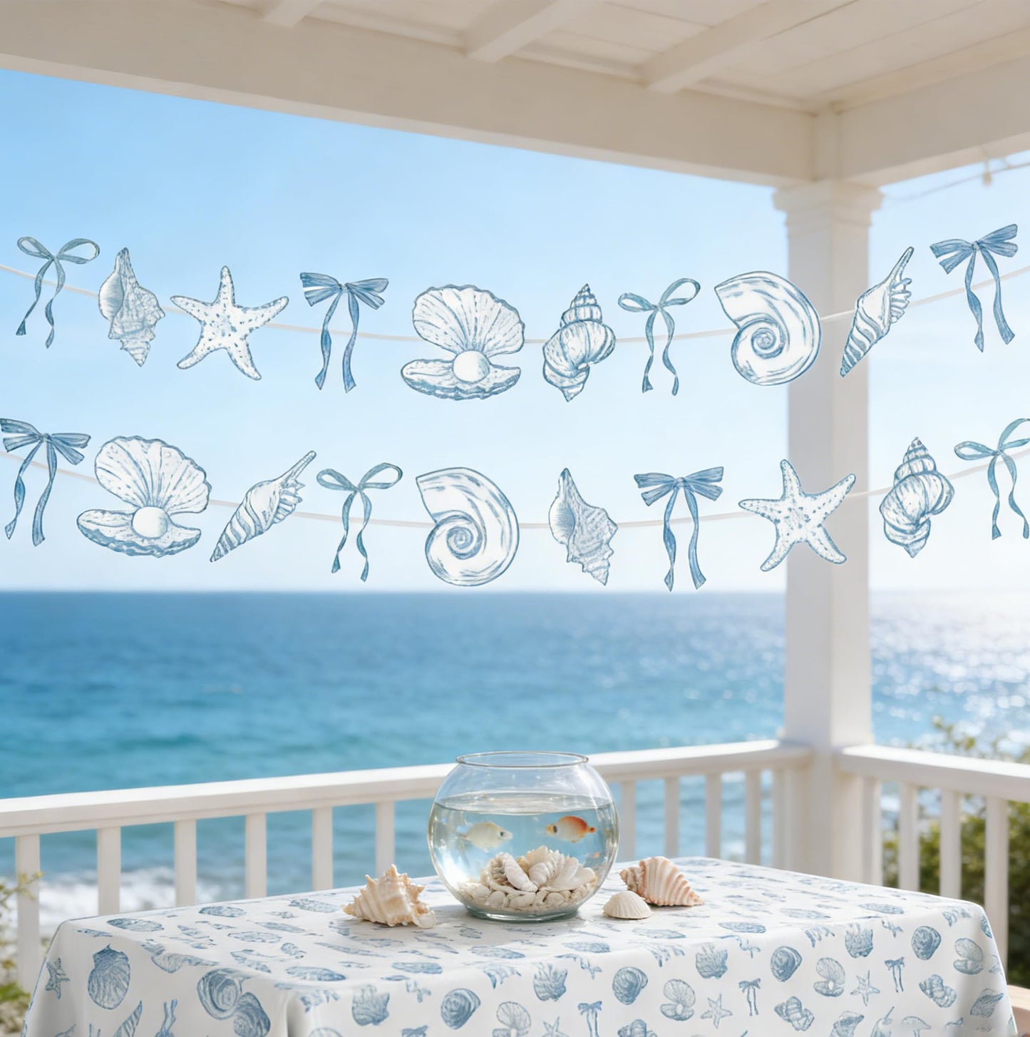 Hokinaa Beach Ocean Party Decorations - 4 Pcs Seashell Coastal Summer Decor Banner Tablecloth Blue Bow Under the Sea Supplies for Happy Birthday Baby Bridal Shower Wedding Bachelorette Engagement