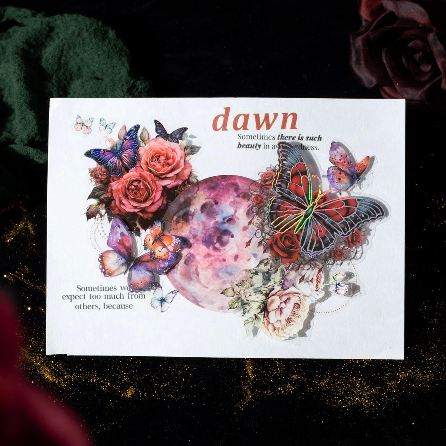 Yoksas 60Pcs Vintage Gothic Holographic Shiny Butterfly Flower Stickers - Clear Waterproof Dark Spooky Butterfly Stickers for Scrapbooking,Junk Journals,Witchcraft Supplies