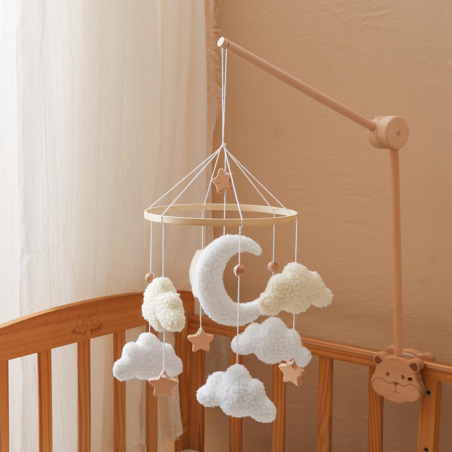 Baby Mobile for Crib – Handmade Moon & Cloud Baby Crib Mobile with Plush Sherpa Texture, Nursery Mobiles Felt Hanging Toy with Beech Wood Ring, Mobile for Crib Neutral Bassinet Baby Decor Gift