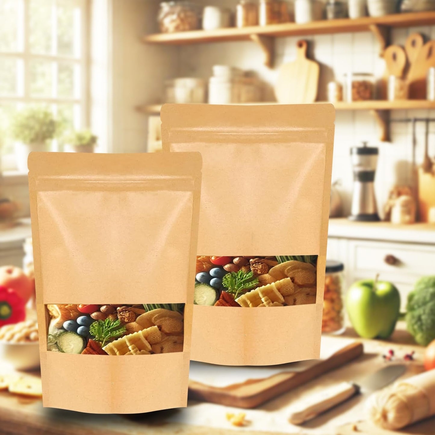 Kraft Paper Bags with Window 100 Pack - Resealable Food Grade Brown Pouches, 5.5x7.9 Inch Eco-Friendly Stand Up Packaging Bags for Coffee, Bakeries, Retail Displays & Small Business Storage