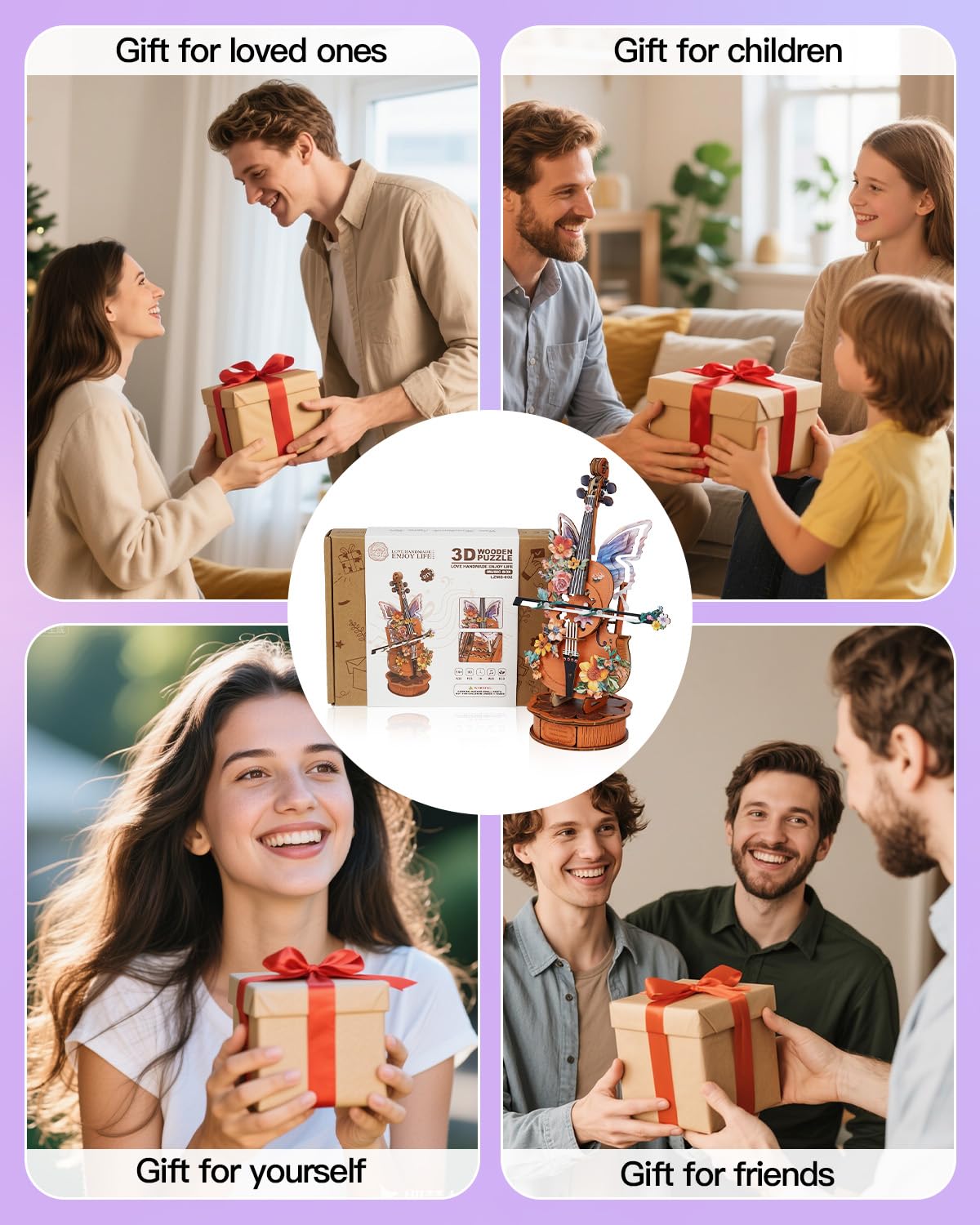 Rnfinewow 3D Puzzles for Adults, Mechanical Wooden Cello Music Box Puzzles, DIY Flower Music Box Cello Crafts Model Kits Home Decor for Holiday Birthday Gifts Hobbies
