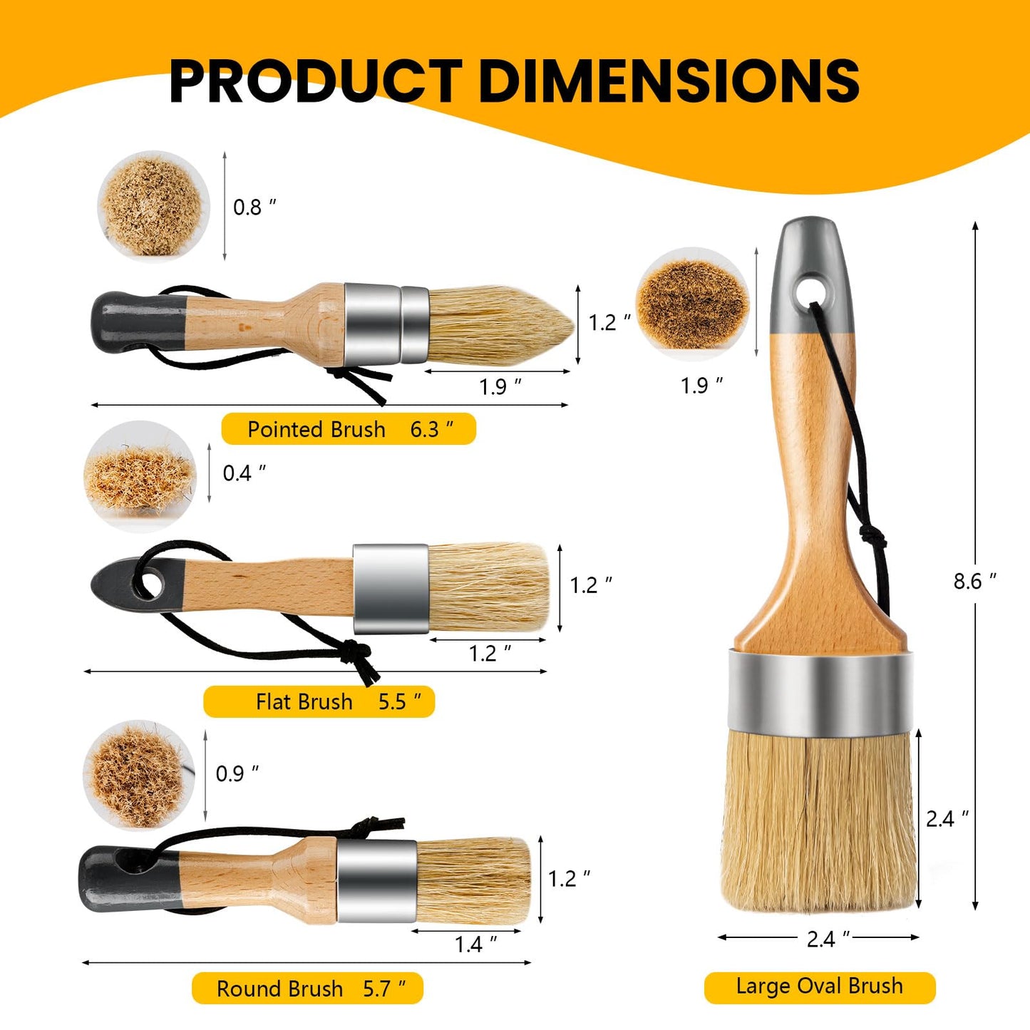 YiBaiBrush Chalk and Wax Paint Brush Furniture Set of 4, Small Round and Large Oval Brush with Natural Bristles, Perfect for Painting or Waxing Furniture, Ideal for Home Decor