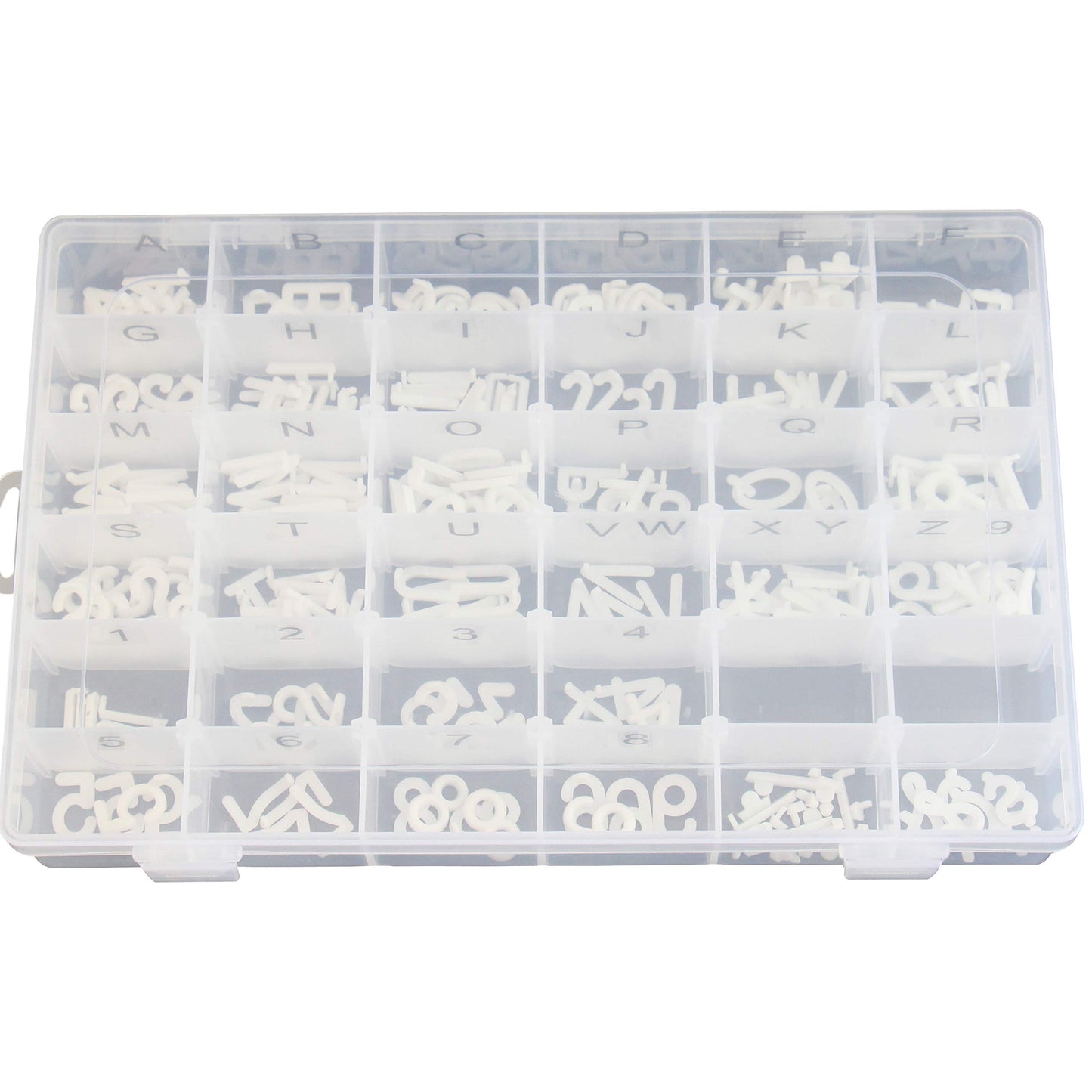 Plastic Organizer Container Box with Adjustable Dividers - 36 Compartments for Letter Board Letters - Stickers Pre Applied to Dividers