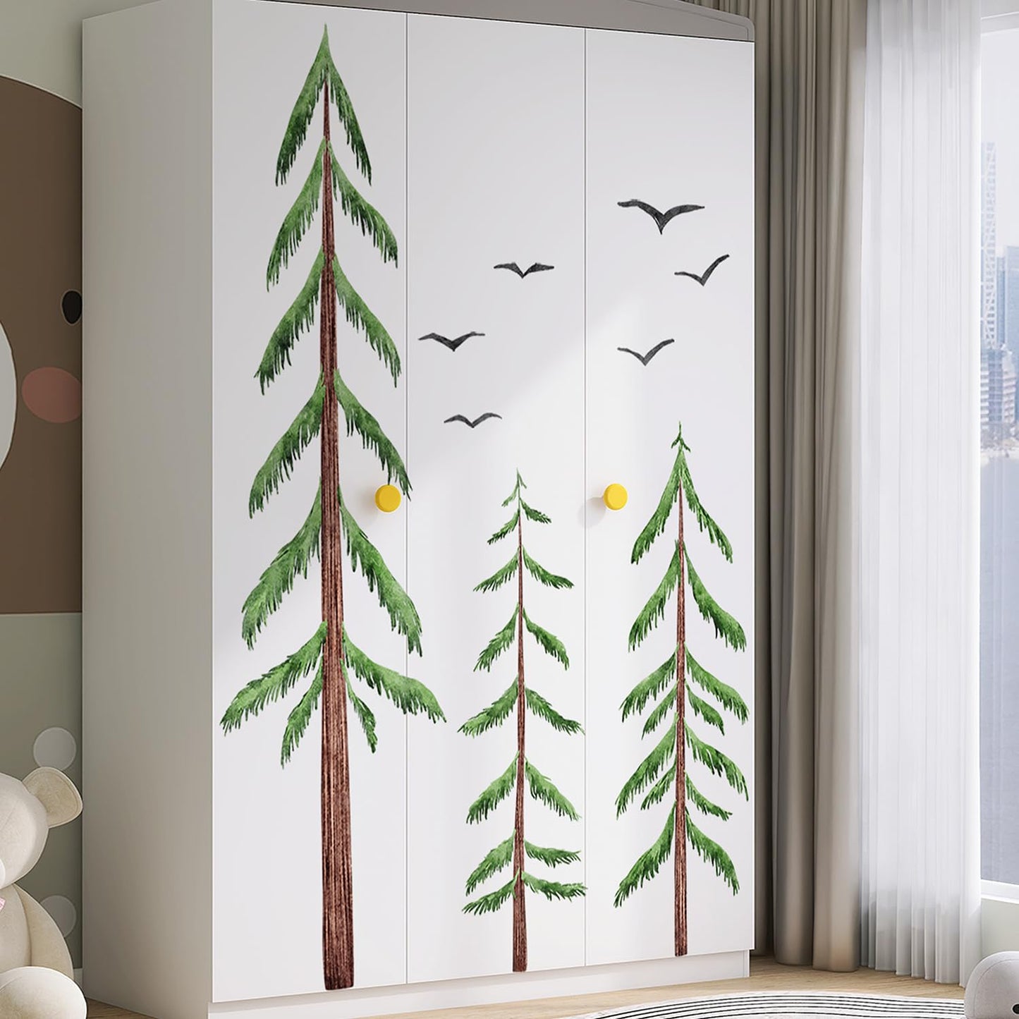 LiveGallery Removable Large 3 Pine Brown Tree Wall Decals Green Leaf With Black flying Birds Wall Sticker DIY Peel and Stick Plants Wall art Decor for Kids Girls Boys Teens Nursery Bedroom Living Room