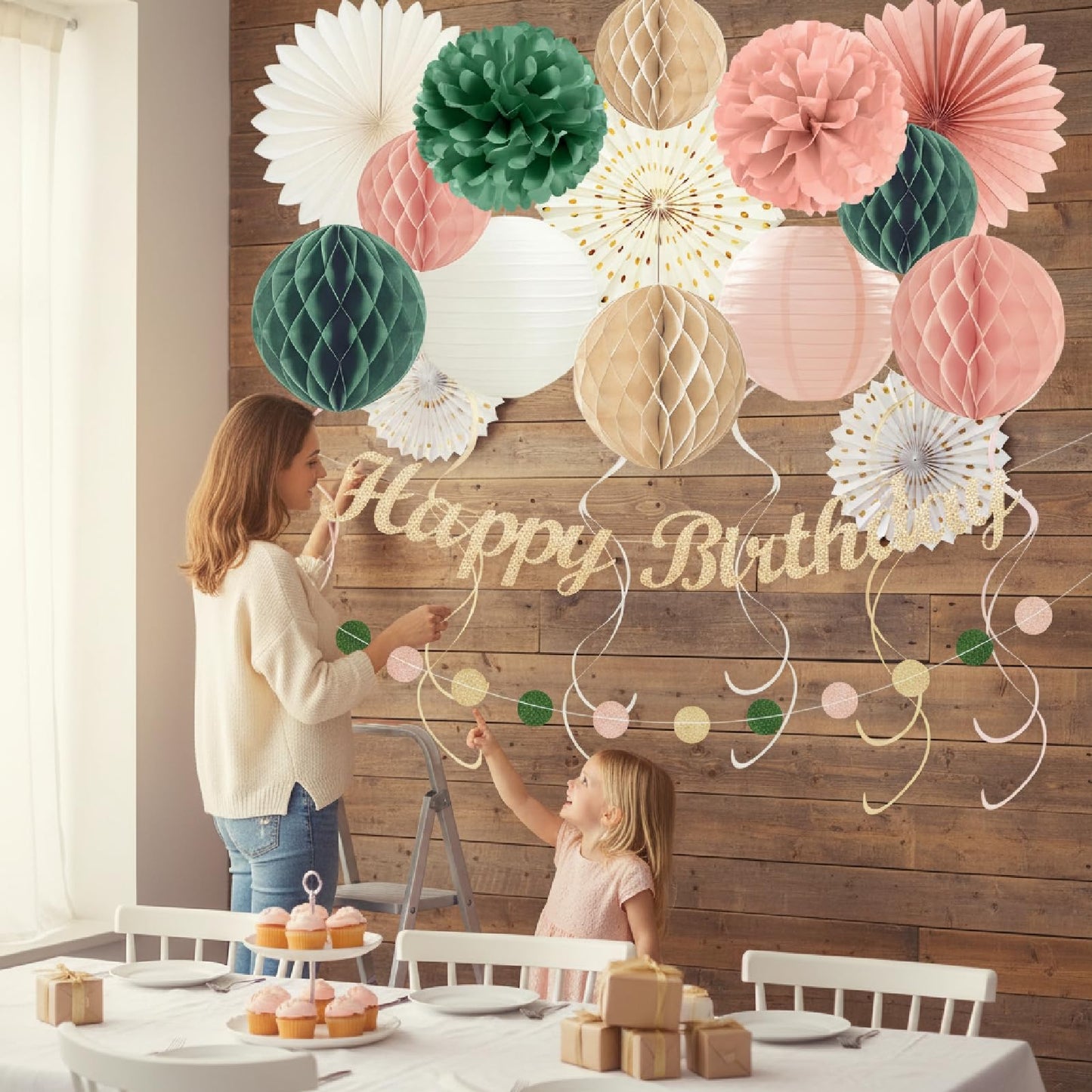 24Pcs Boho Style All-In-One Party Decorations Kit, Happy Birthday Banner with Honeycomb Balls, Paper Flowers, Lanterns, Hanging Swirls, Garland for Women, Girls Celebrations (Pink Sage Green)