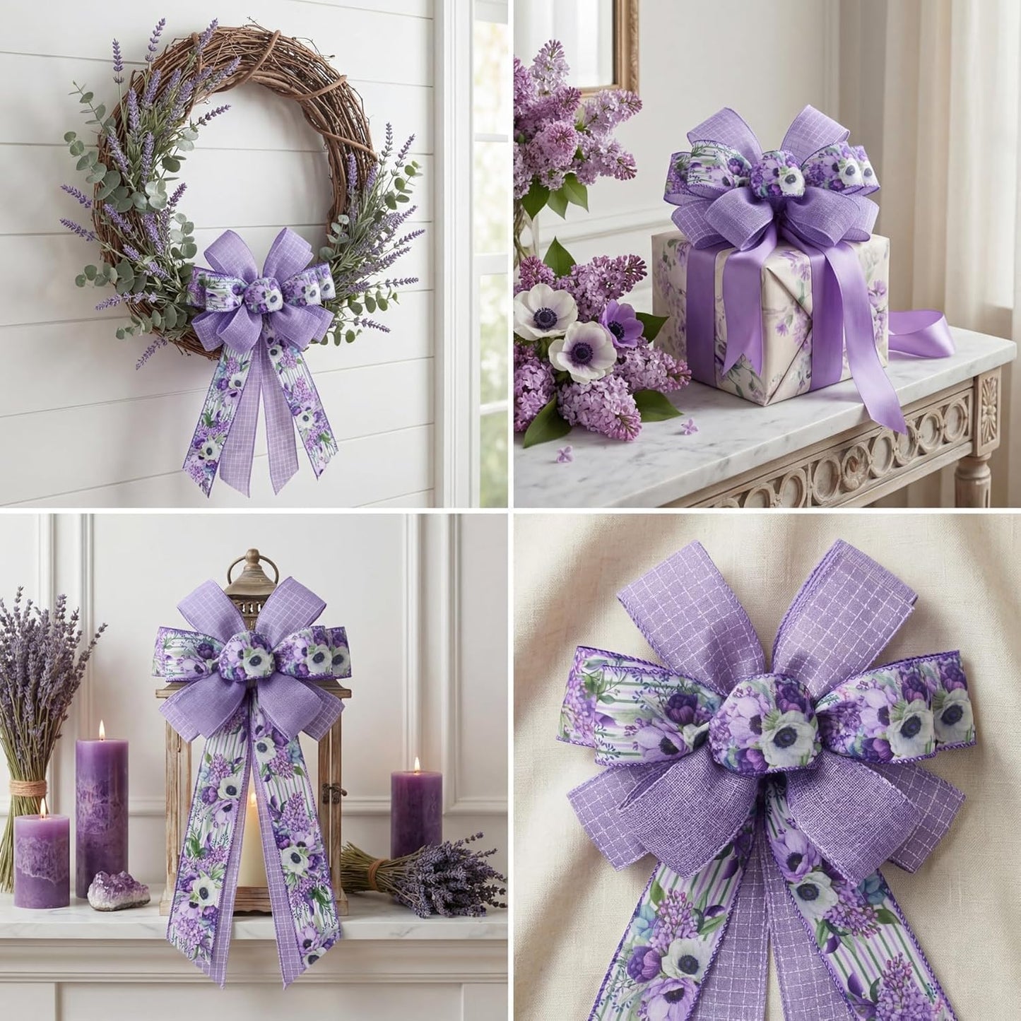 Spring Summer Purple Floral Wired Ribbon, 2.5 InchX 15 Yards Burlap Ribbon for Wreath, Bows, Gift Wrapping, Mother's Day, Wedding & DIY Craft (Purple)