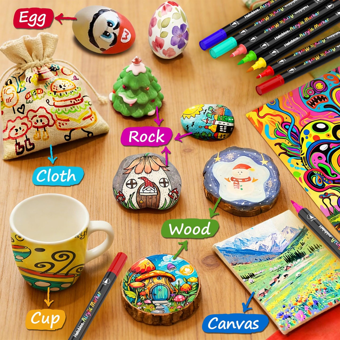 Halobios 48 Colours Acrylic Paint Markers, Dual Tip Brush Paint Markers with Brush Tip and Fine Tip for Rock Painting, Glass, Wood, Egg, Canvas, Paper, Ceramic, Fabric, leather, DIY Crafts