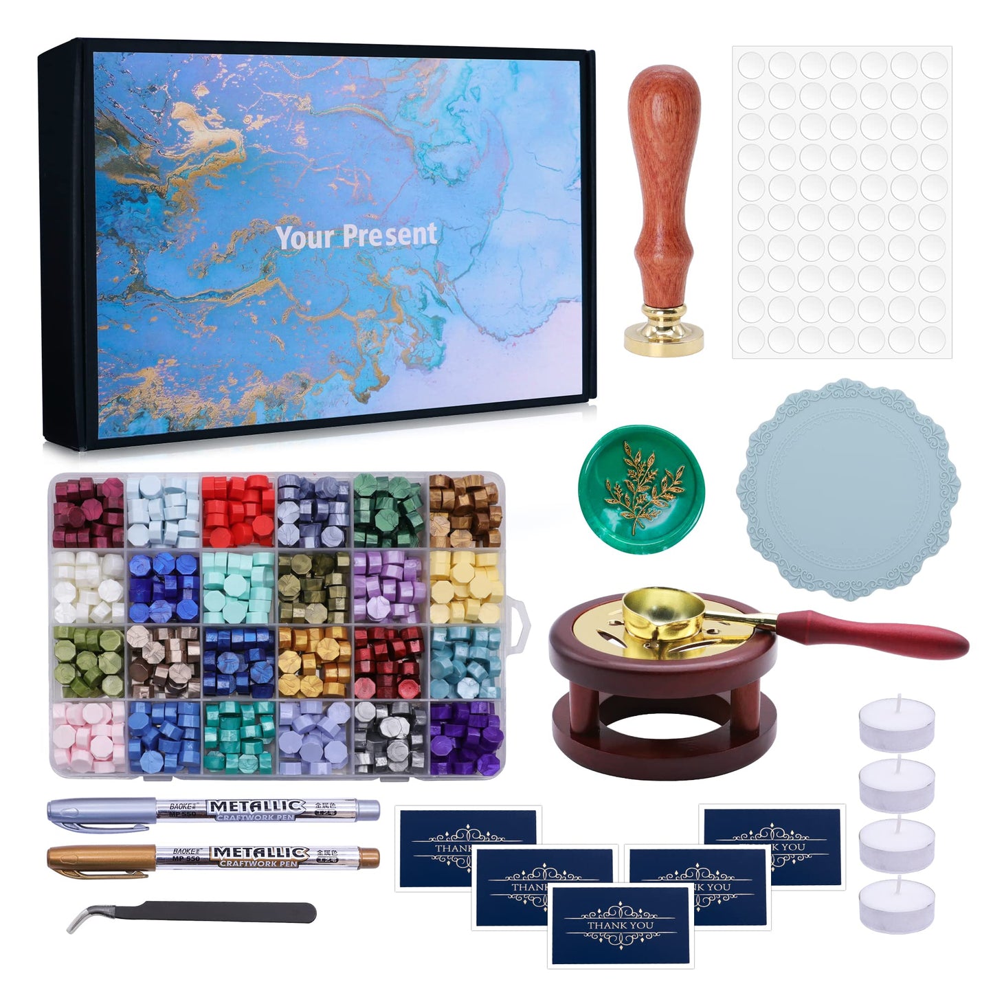 SWANGSA Wax Seal Kit with Gift Box, 24 Color 700pcs Sealing Wax Beads with Eucalyptus Stamp, Furnace, Pen, Thank You Cards and Silicone Mat for Wedding Invations, Christmas