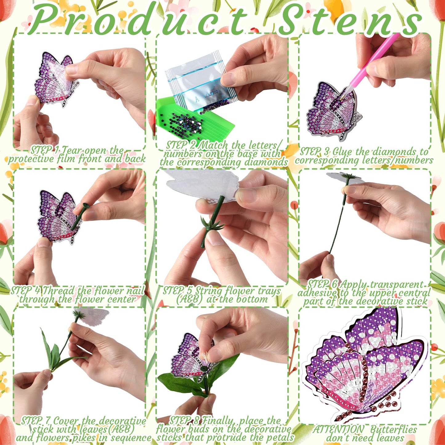 Copkim 16 Pcs Flower Butterfly Diamond Art Kits for Adults Bunch of Flower Butterfly DIY Vase Filler Ornament Table Decor Small Diamond Craft Gift for Festival Garden Decoration