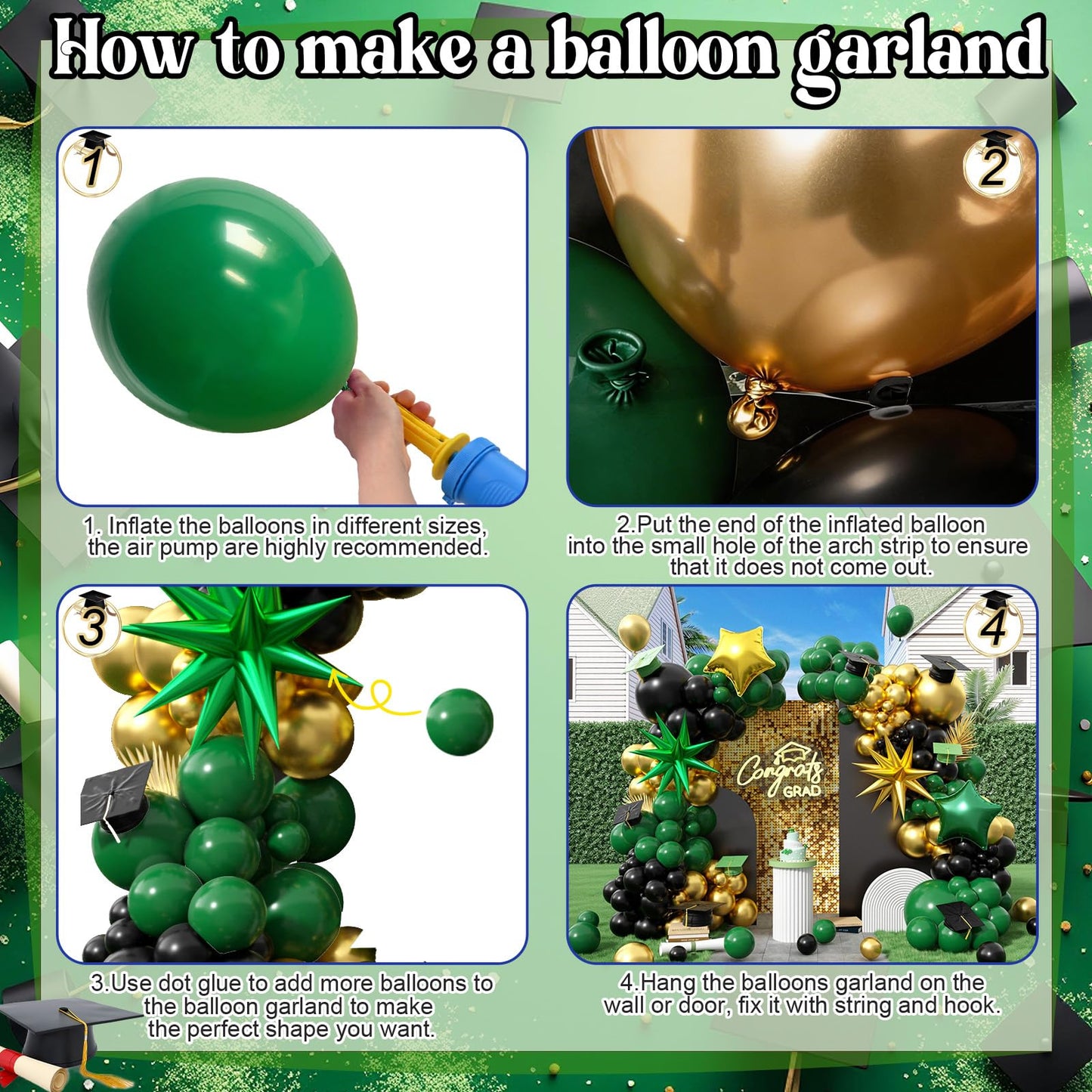 Graduation Balloon Arch Kit 2026 Green and Gold Black Balloon Garland Emerald Forest Dark Green Balloons with Star Foil for Congrats Grad Retirement Prom Birthday Football Party Decorations, 104Pcs