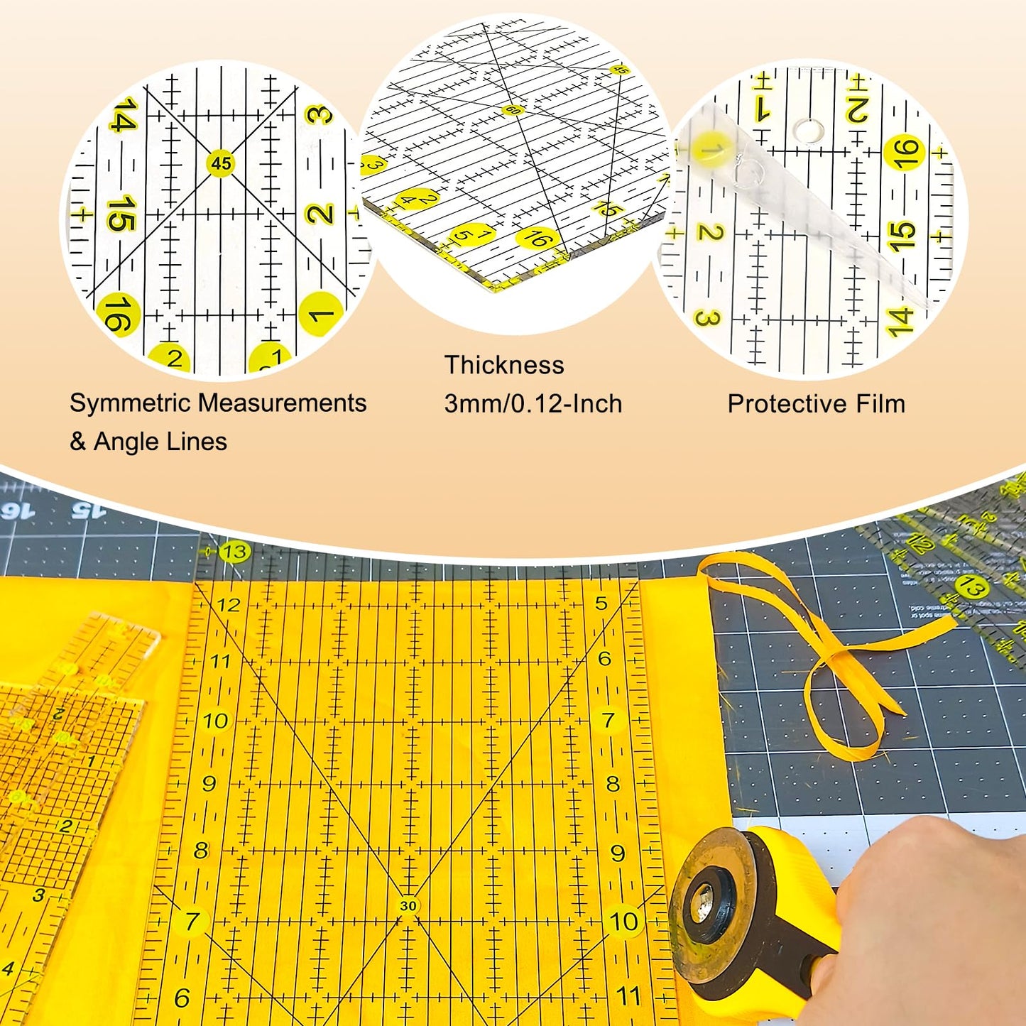 Quilting Ruler, 8 Piece Acrylic Quilting Templates, Sewing Ruler, Fabric Cutting Ruler with Non-Slip Rings, Quilting and Sewing (6"x17", 3"x17", 2"x16", 1.5"x12", 1"x12", 1"x6", 8"x3") (Yellow)