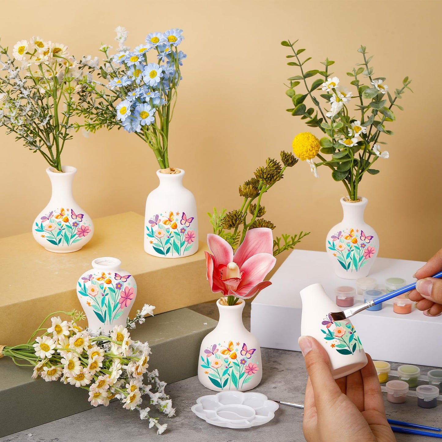 Fuyoooo 6 Sets Father's Day Paint Your Own Vases Ceramic Vase to Paint Unpainted White Vases Ceramic Painting Kit for Adult with Brush Underglaze Paints Palettes for Porcelain Vase Decorating Kit DIY