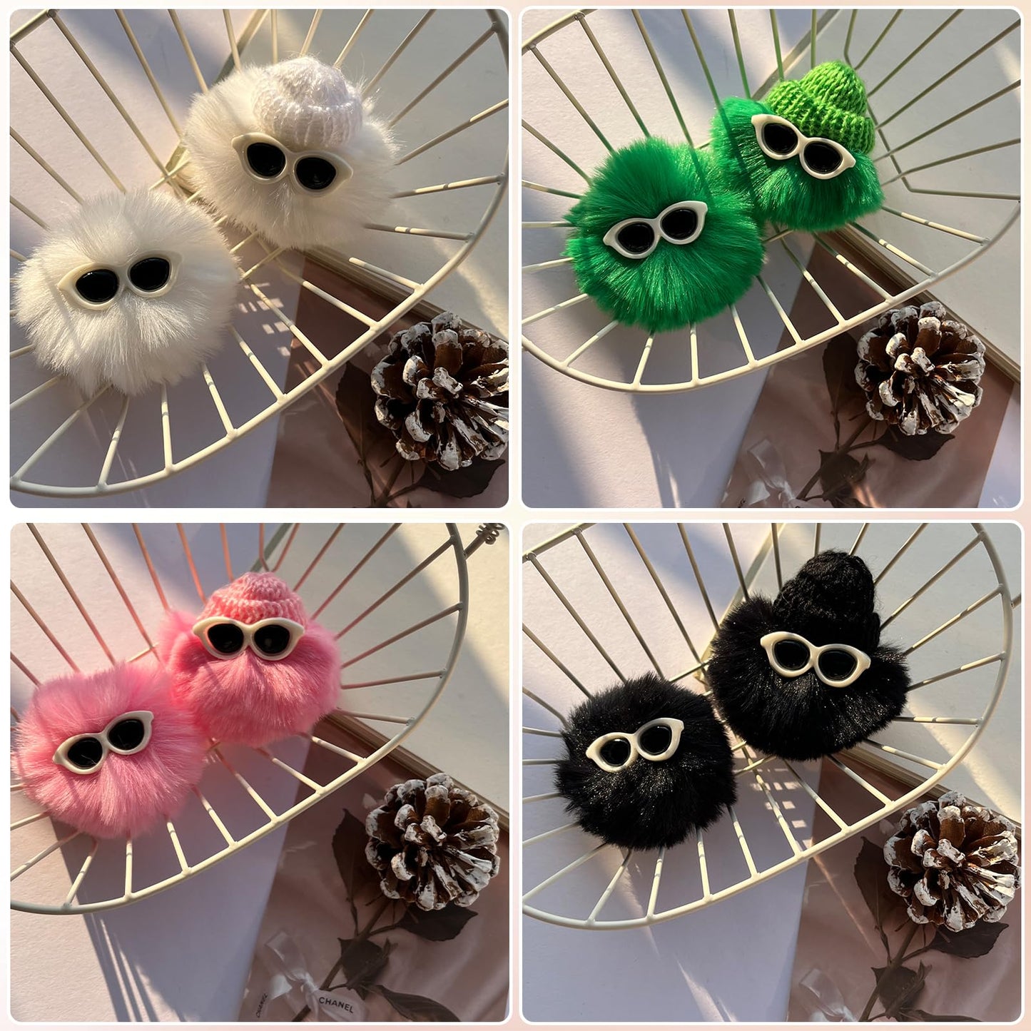Miupoo Pom Poms with Eyeglasses for Crafts,Halloween Costume Pompoms Decorations with Googly Sunglasses, Fluffy Pom Pom Balls for Halloween Accessories with Elastic Loop,20 Pieces,2 Inches, Pink.