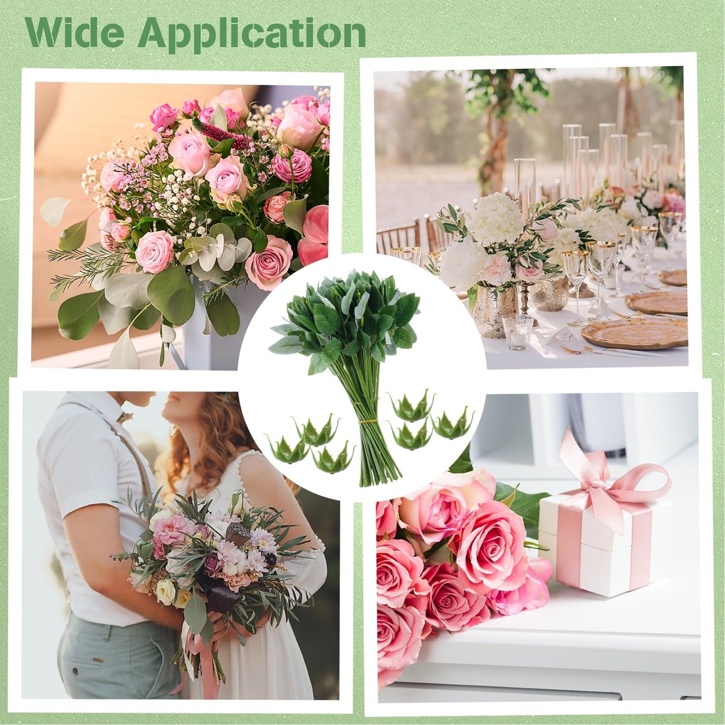 CDOKY 50 Pcs Rose Stems with Leaves & 50 Pcs Flower Calyxes Set, Fake Flower Stems Artificial Flower Sepals, Floral Arrangement Supplies, DIY Artificial Flowers Tools for Bouquet Wedding Party