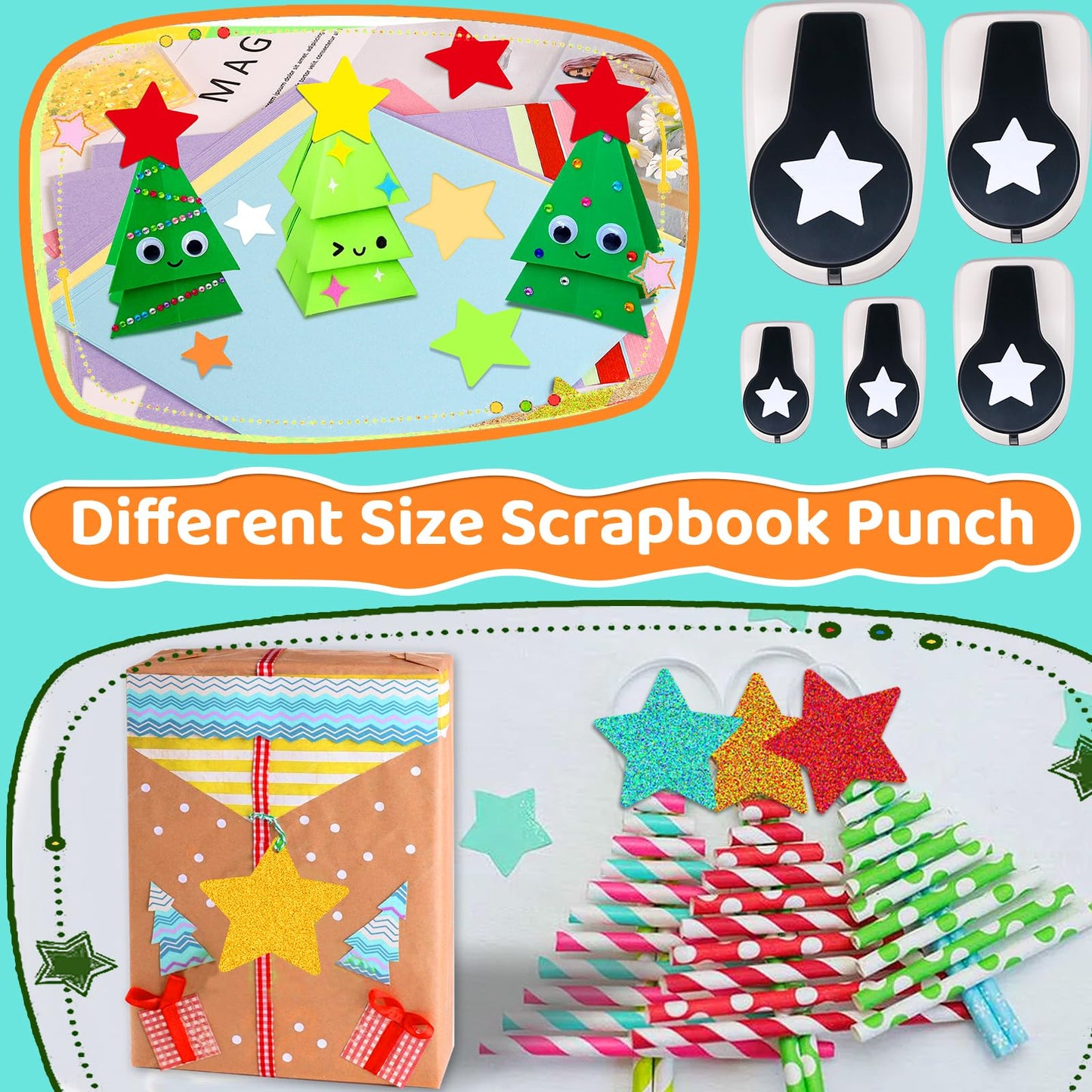 Star Hole Punch, Star Punches for Paper Crafts, Stars Paper Puncher Shape, 1 inch Stars Punch for Crafting, Large Hole Puncher, Scrapbook Punches 2 in, 1.5 in, 1 in, 5/8 in, 3/8 in - 5 Pcs