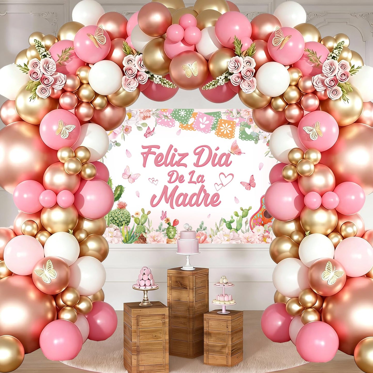 Feliz Da De La Madre Balloon Arch Kit 115 Pcs Mexican Mother's Day Balloon Garland Kit Rose Gold Pink White Balloons with Banner for Best Mom Ever Mothers Day Party Supplies