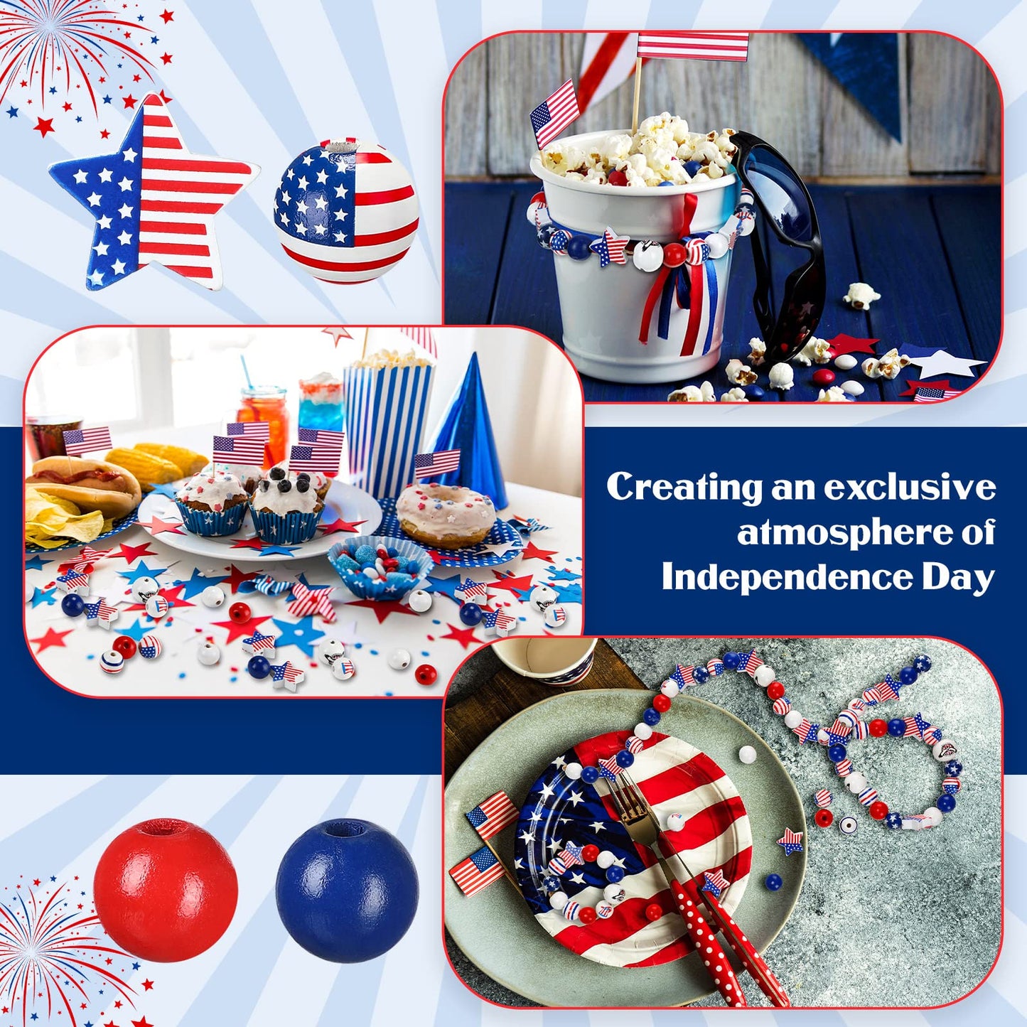 Chunful 300 Pcs 4th of July Wood Beads 250th Anniversary Patriotic Red White and Blue America Flag Star Charm Memorial Day Wooden Craft Beads for Independence Day DIY Jewelry Making, 9 Design