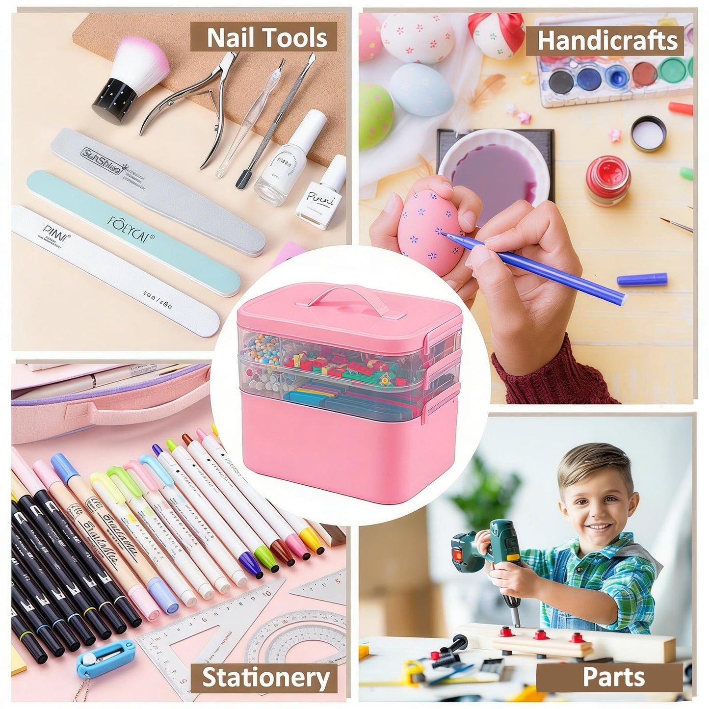 Gifhomfix 3-Layer Plastic Craft Organizers and Storage Box with Removable Trays, Storage Containers with lids and Handle, Art Supply Storage Organizer for Bead, Ornament, Nail Polish, Tape(Pink)