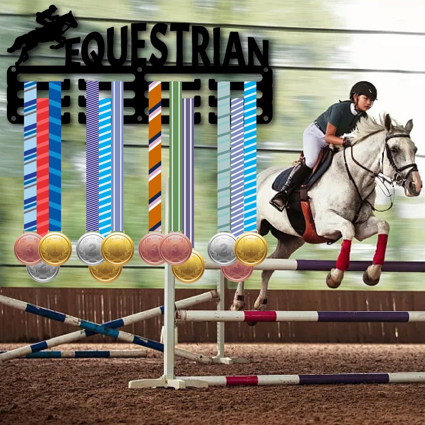CREATCABIN Award Ribbon Display Equestrian Medal Holder Small Black Metal Horsemanship Horse Riding Medal Ribbons Organization Hanging Rack Sports Race Plaques Hanger for Athletes Winner 11.4x5.1 Inch