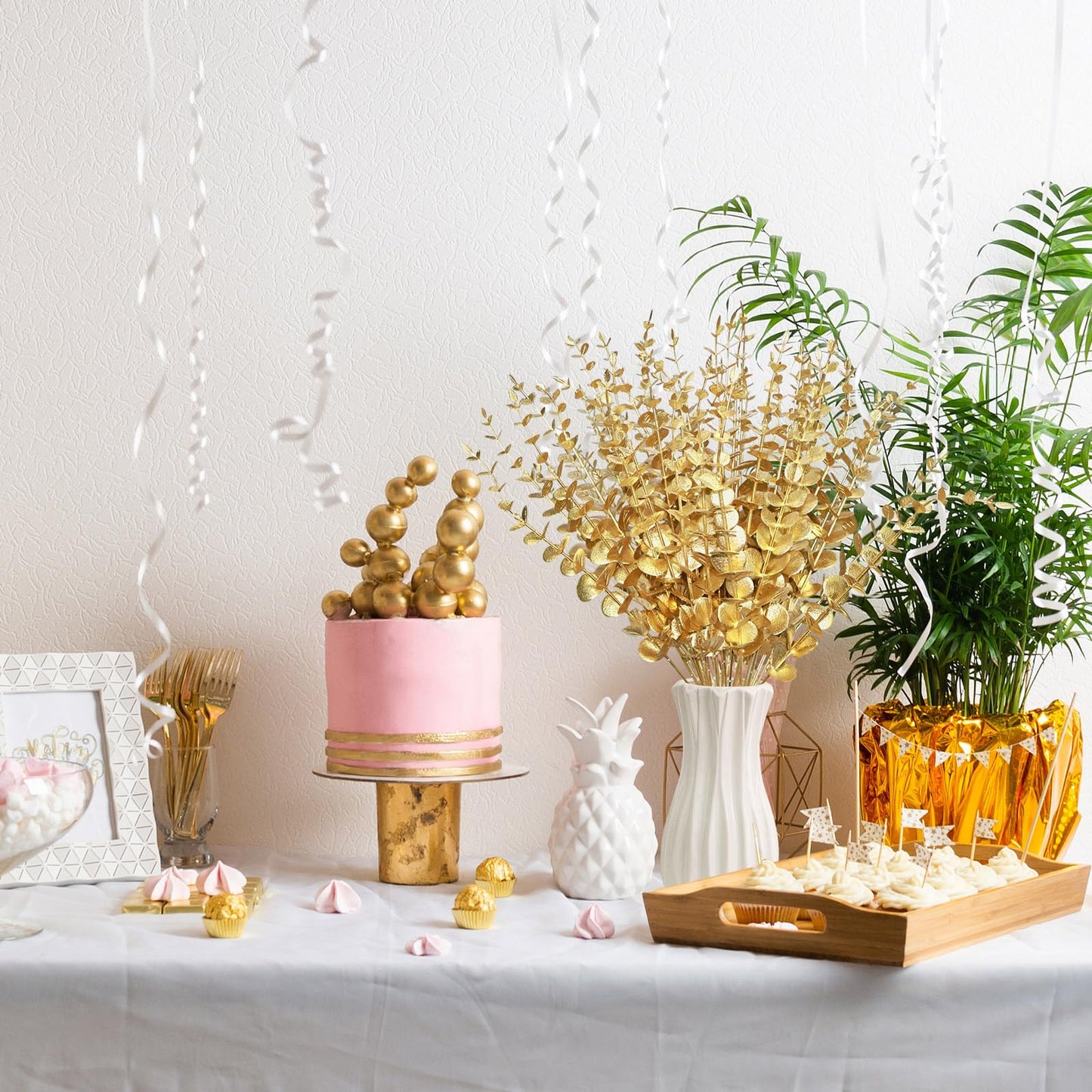 ABYCZFCD 50 Pcs Gold Flowers Gold Eucalyptus Leaves Stems 15'' Faux Eucalyptus Leaves Decor Fake for Wedding Party Bouquet House Home Farmhouse Vase DIY Craft