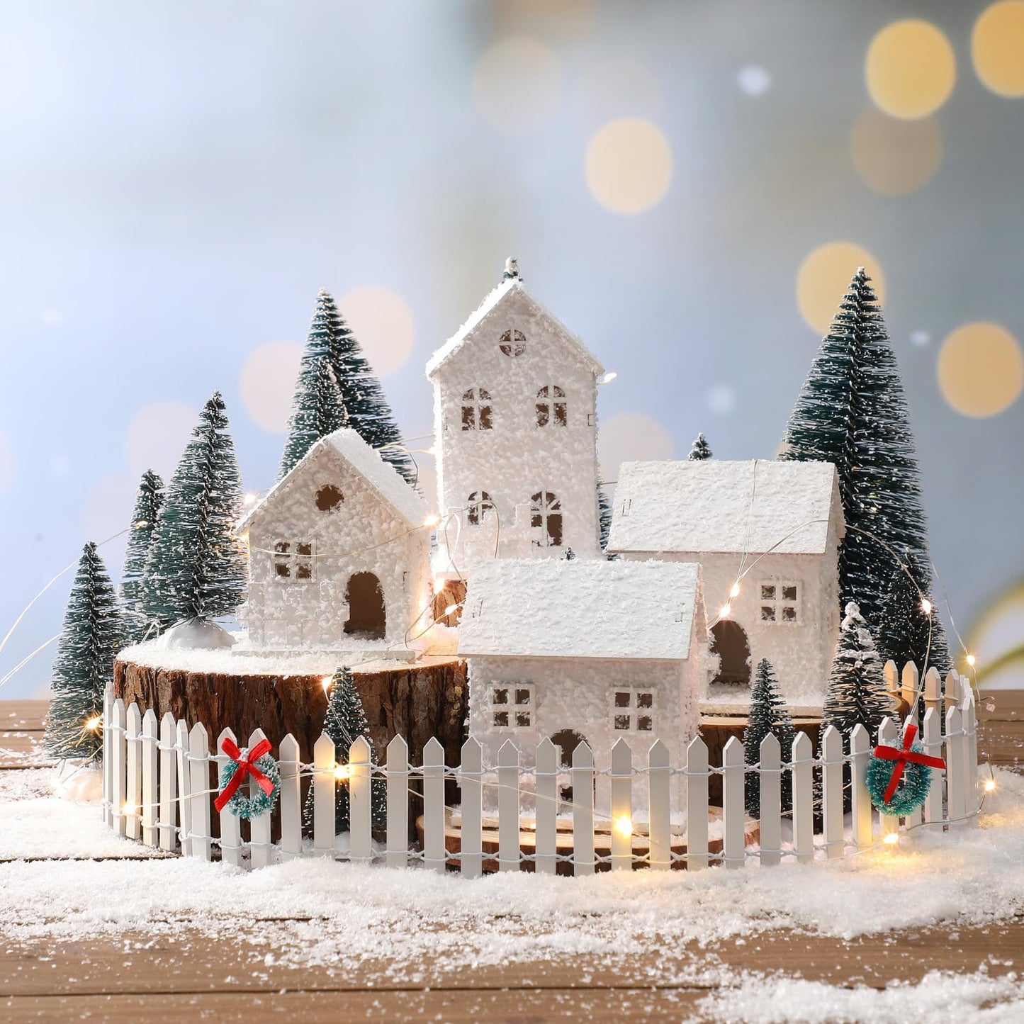 Soulchen 25 Pcs Christmas Village Set with LED Light Christmas Table Centerpiece Village Houses Display Accessory Farmhouse Winter Xmas Figurines Snow Scene Desktop Kit DIY for Holiday Landscape