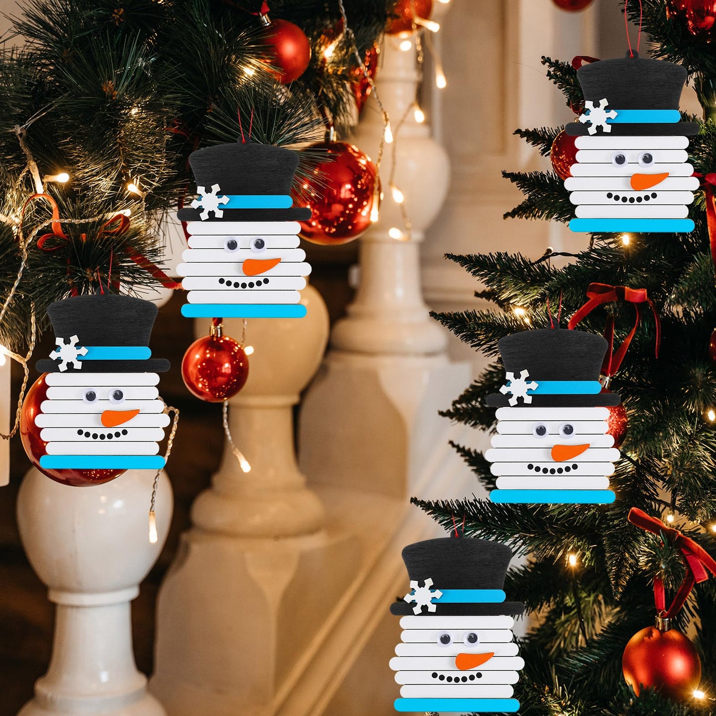 Shellwei 24 Pcs Winter Snowman Stick Craft Ornament DIY Wooden Christmas Craft Snowman Stick Ornaments Winter Art and Crafts Hanging Decoration for Xmas Home Party Activity Supplies