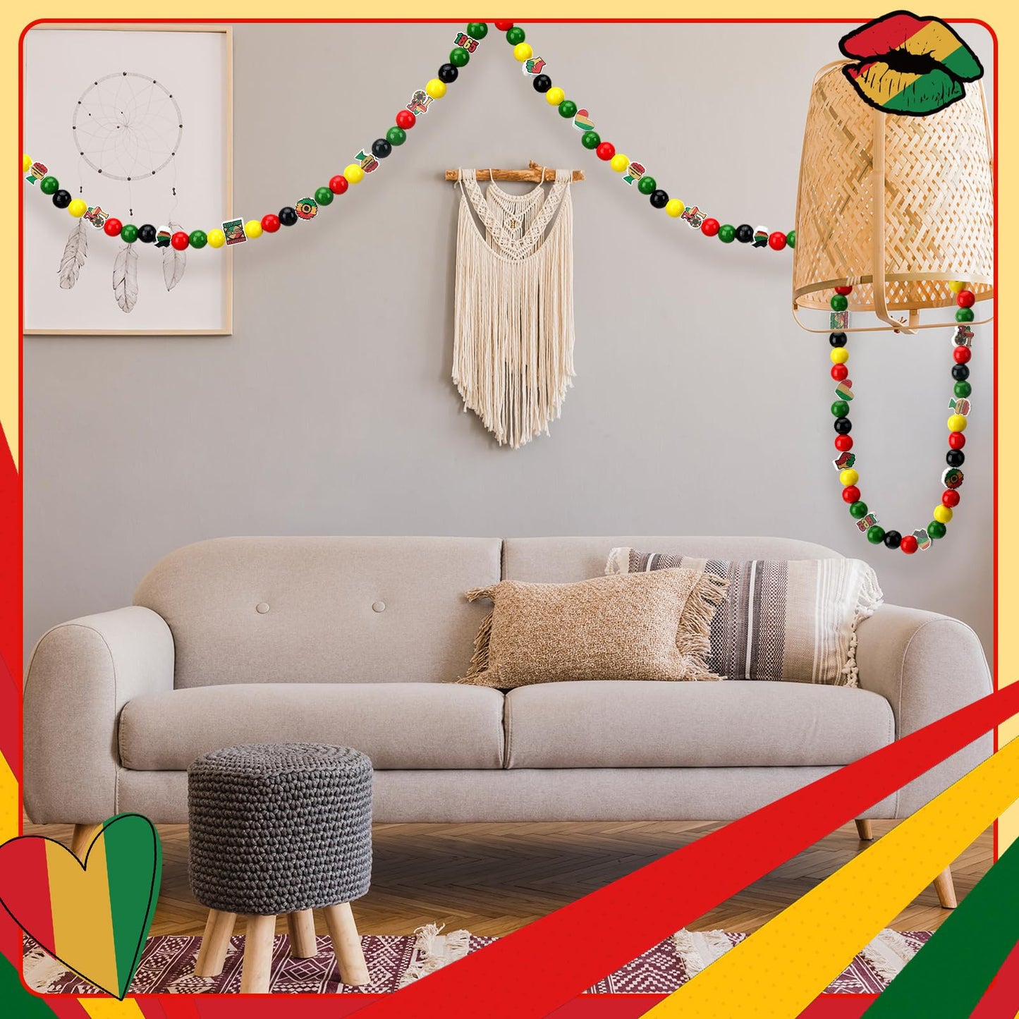 Waydress 200 Pcs Juneteenth Wooden Beads African Red Green Yellow Wood Beads Bulk 1865 Freedom Day Ball Ornaments with Hemp Rope for American Juneteenth Black History Month Home Party Decor DIY Crafts