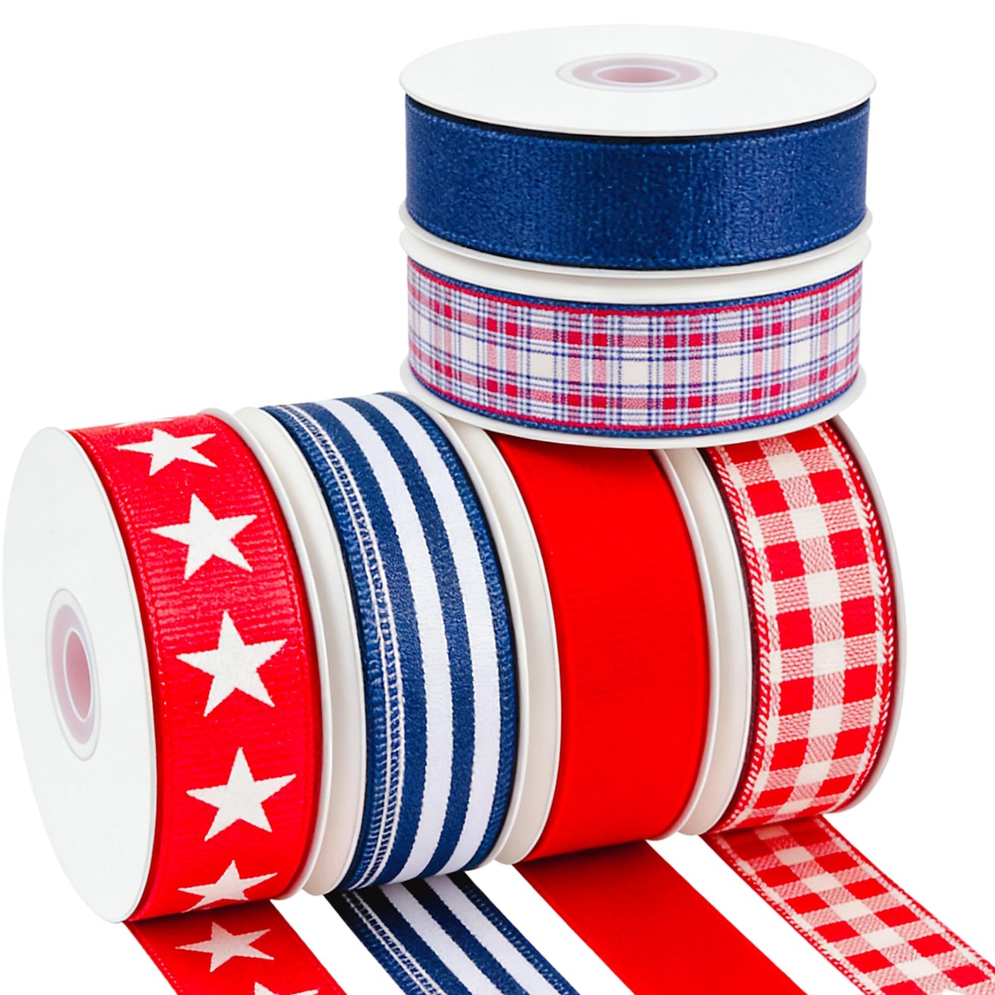 Songye 1.5" Patriotic Wired Ribbon, 30 Yards Total - Stars, Stripes & Plaid Red White Blue Fabric Ribbons for 4th of July Decor, Memorial Day, Independence Day Wreaths, Gift Wrapping & DIY Crafts
