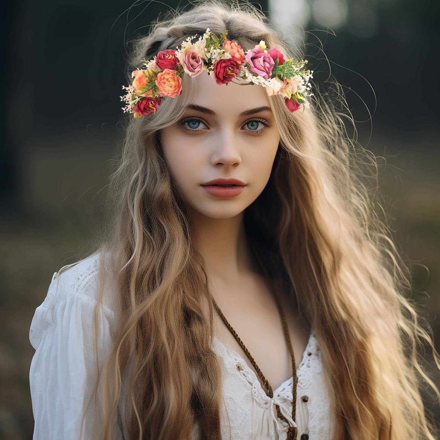 Vivivalue Rose Flower Crown Boho Flower Headband Hair Wreath Floral Headpiece Halo with Ribbon Wedding Party Festival Photos Pink