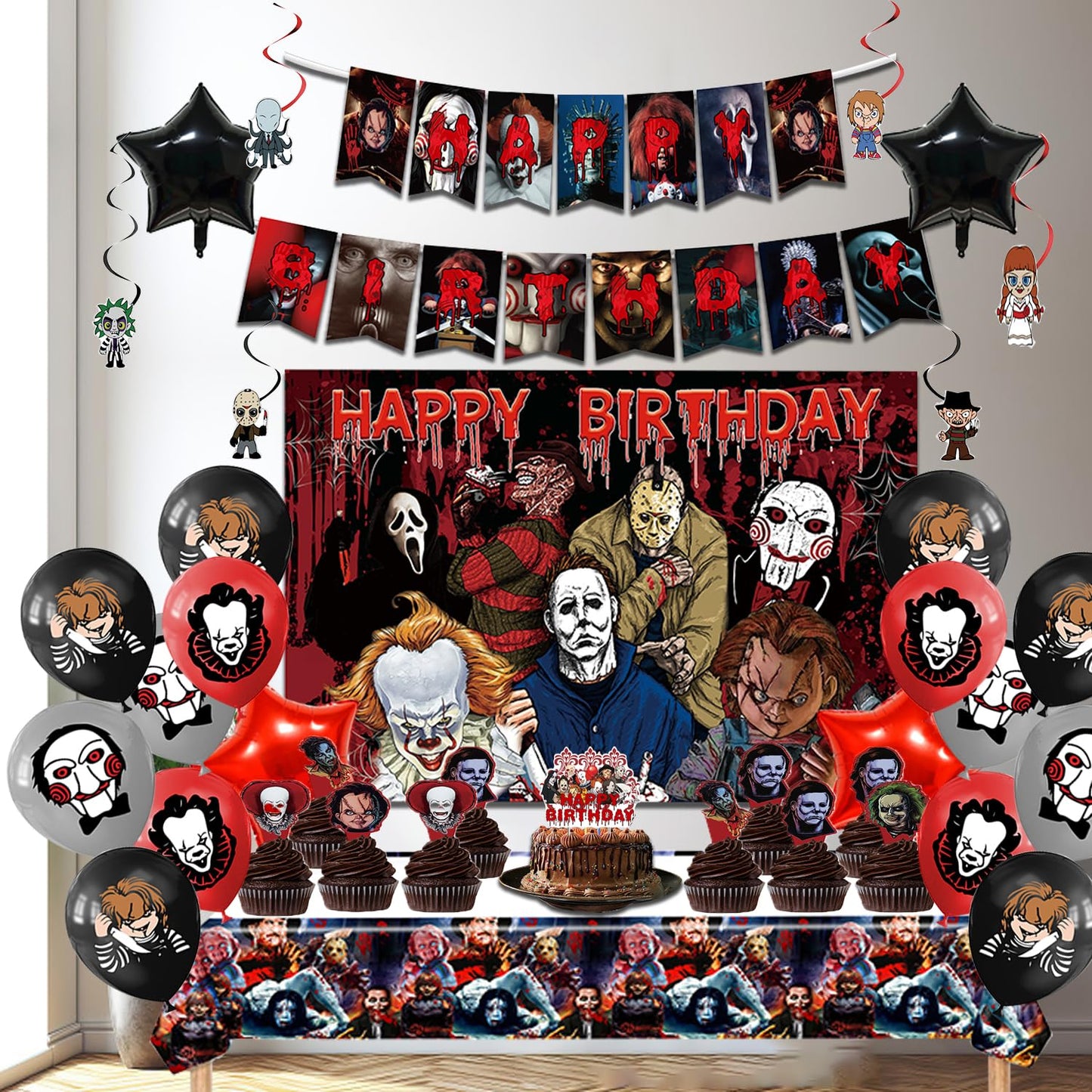Mtgluk Horror Birthday Party Decorations Kit β 38 Pcs Halloween Themed Supplies with Banner, Backdrop, Tablecloth, Balloons & Cake Toppers for Spooky Celebrations