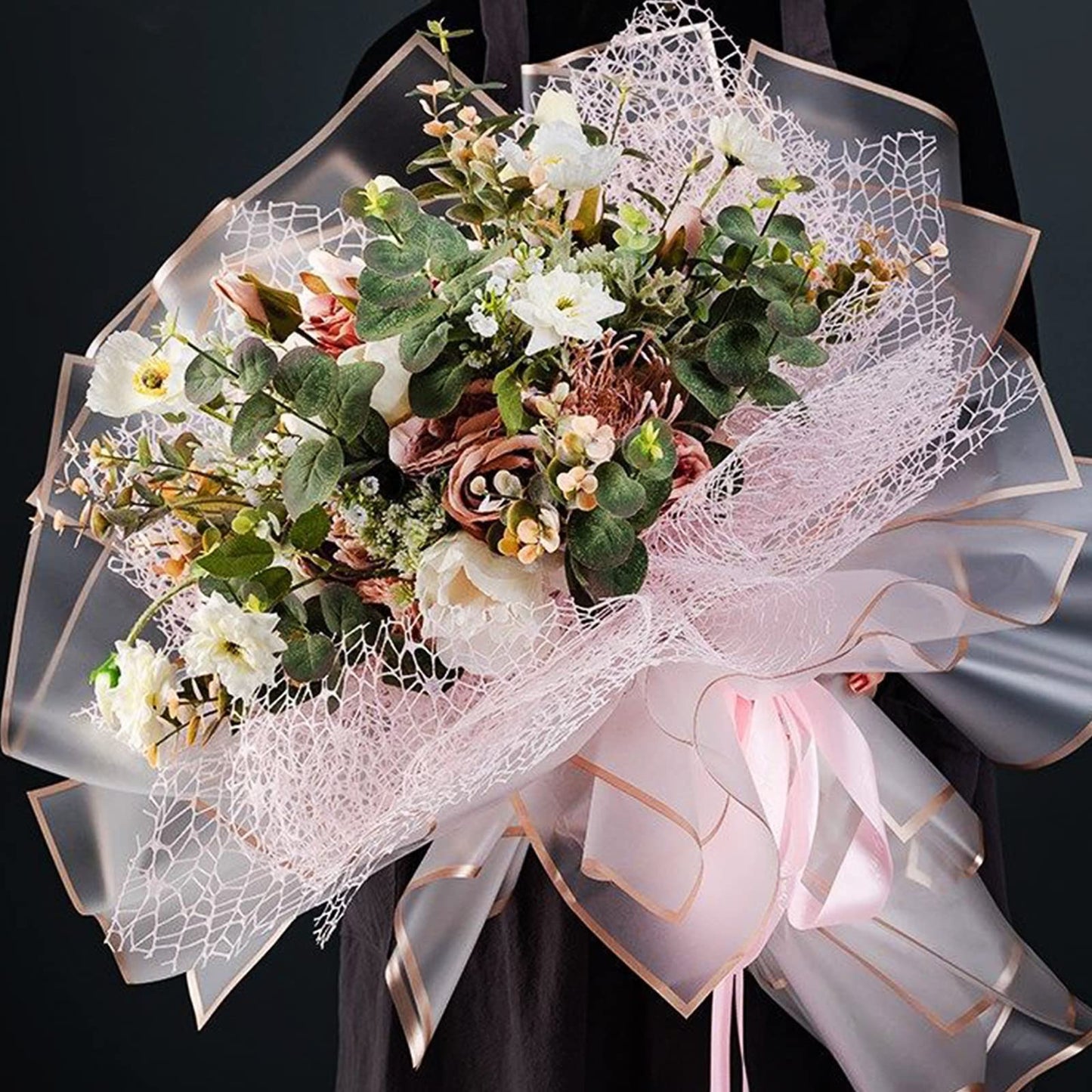 Tenare 20 Sheets Waterproof Floral Wrapping Paper with 2 Ribbons - 23.6" x 23.6" Frosted Flower Bouquet Wrapping Paper for Mother's Day, Wedding, Birthday & Florist Supplies(Bright Colors)