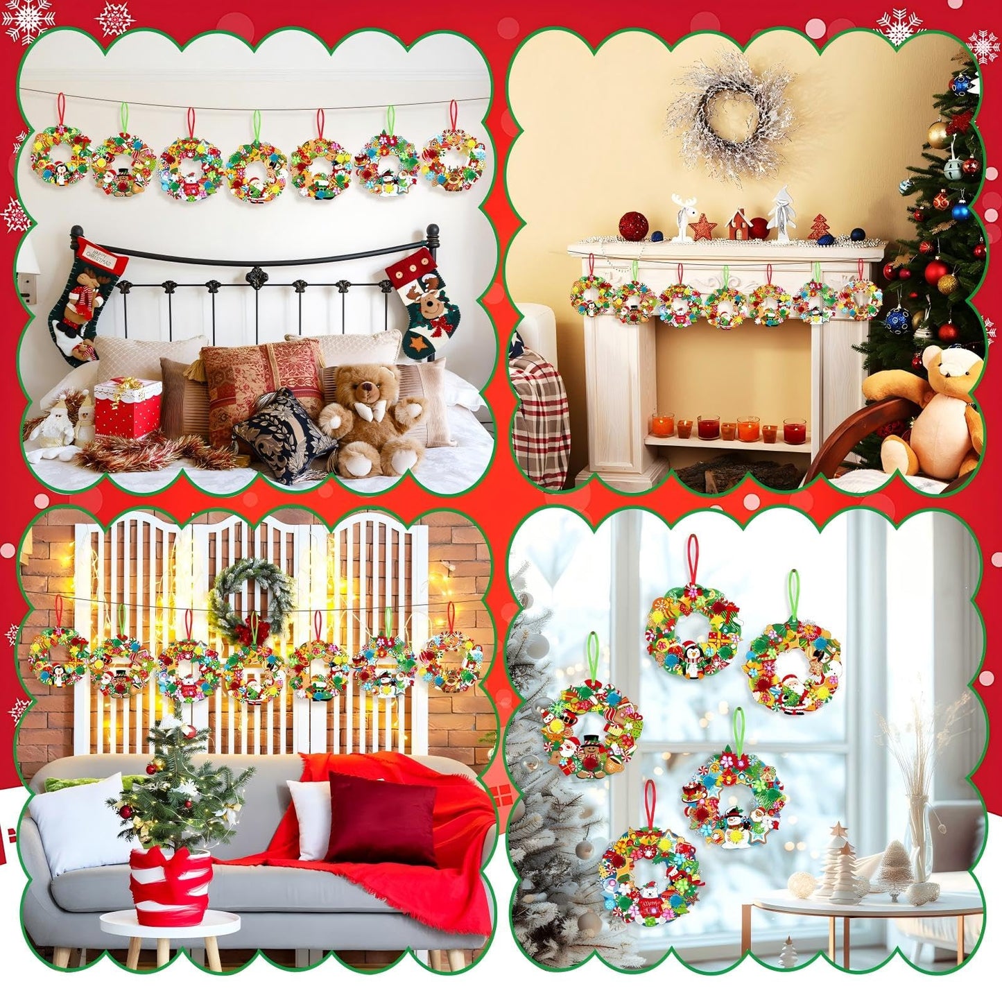 Hollowfly 48 Sets Christmas Wreath Craft Kits for DIY Santa Claus Wreath Hanging Ornaments Make Your Own Paper Xmas Craft with Stickers for Christmas Party Favors School Classroom Activities