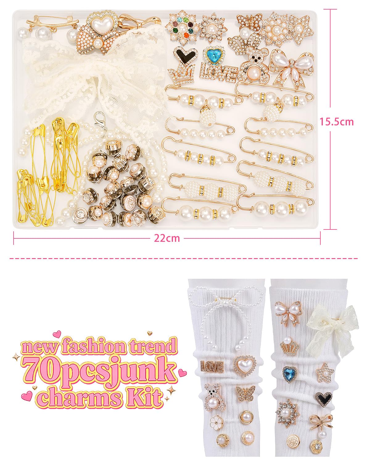 LovelyMoon 70 Pcs Junk Socks Charms Kit, Gold Brooches and Pins for Women, Pearl and Rhinestone Sock Charms with Safety Pins, DIY Accessories for Decorating and Personalizing Socks