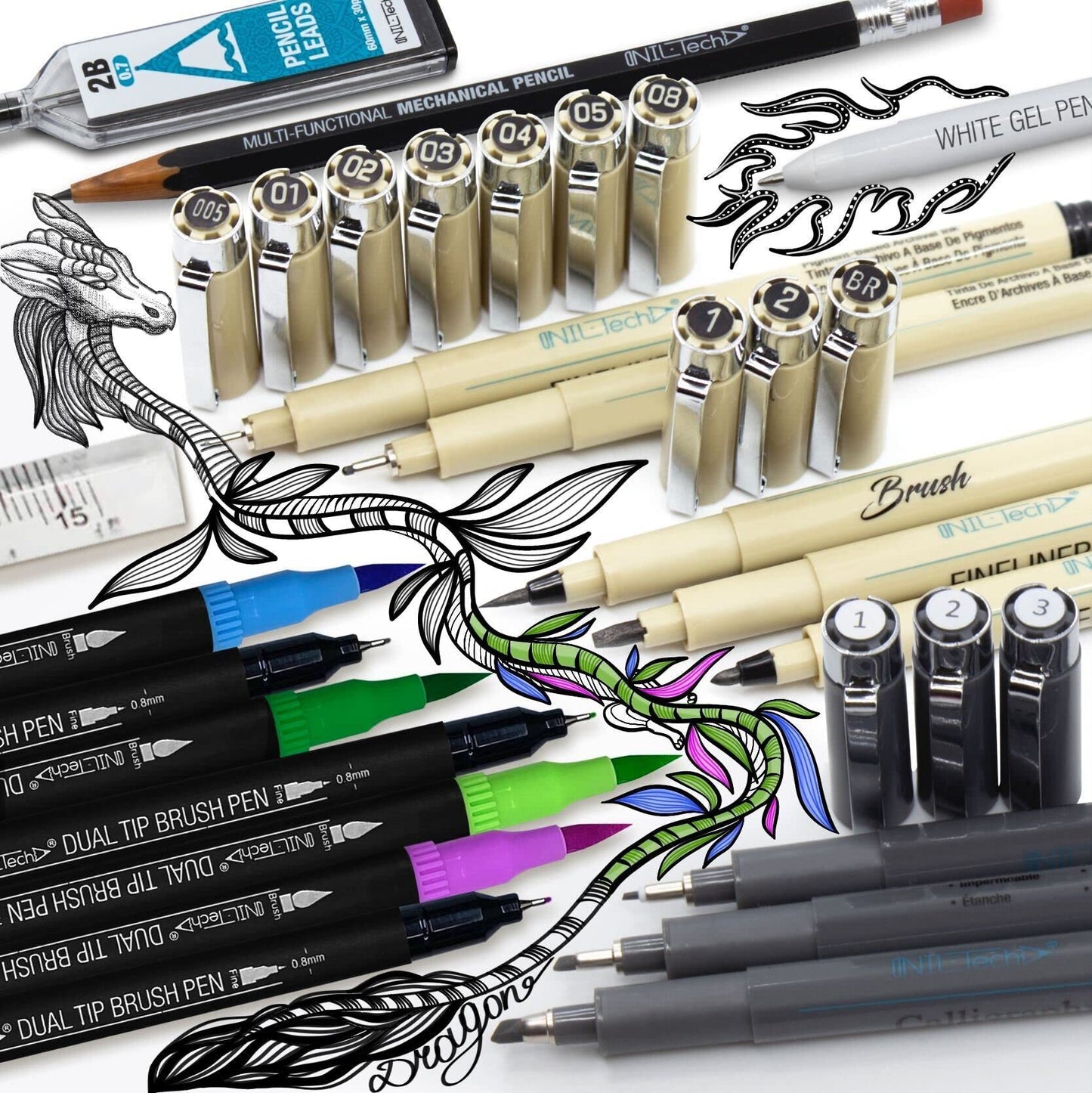 NIL - TECH Professional Artist Drawing Pens Set (36 Pcs) - 16 Dual Brush Markers, 10 Archival Fineliners, 3 Calligraphy Pens, White Gel Pen & Sketchbook - Waterproof Ink for Sketching & Lettering