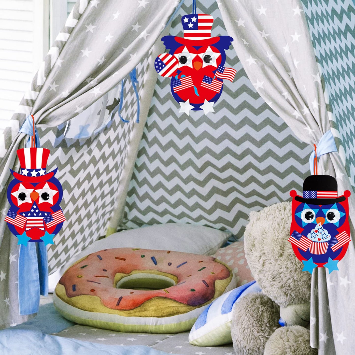 Winlyn 36 Sets 4th of July Craft Kits Patriotic Crafts DIY Owl Ornaments Decorations Art Sets Owl Shapes with Red White Blue USA Flag Patriotic Star Stickers for Kids Party Classroom Activities