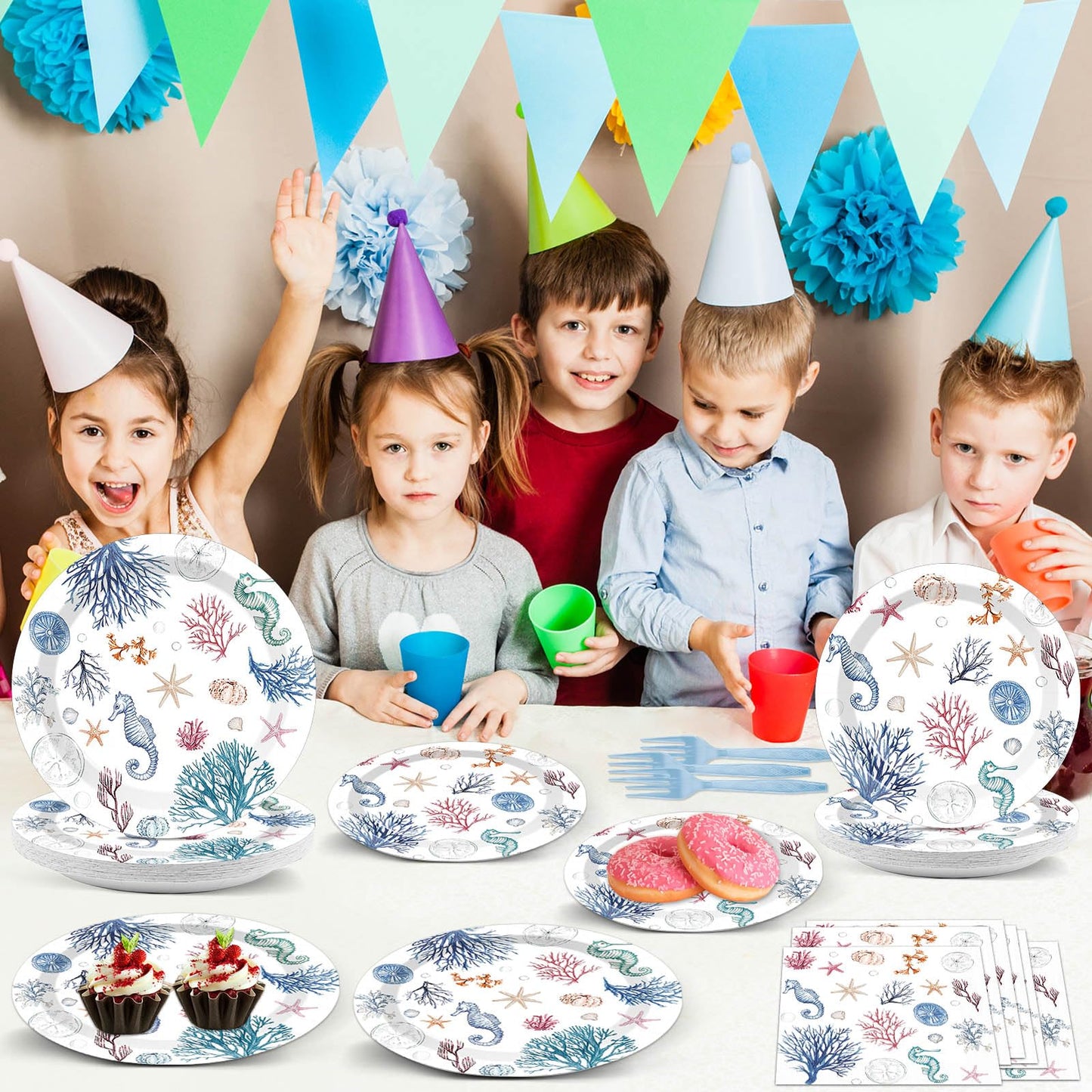 96Pcs Seashell Party Supplies Ocean Beach Birthday Plates and Napkins Blue Coastal Seashell Tableware Beach Disposable Dinnerware for Wedding Baby Shower Birthday Party Decorations for 24 Guests