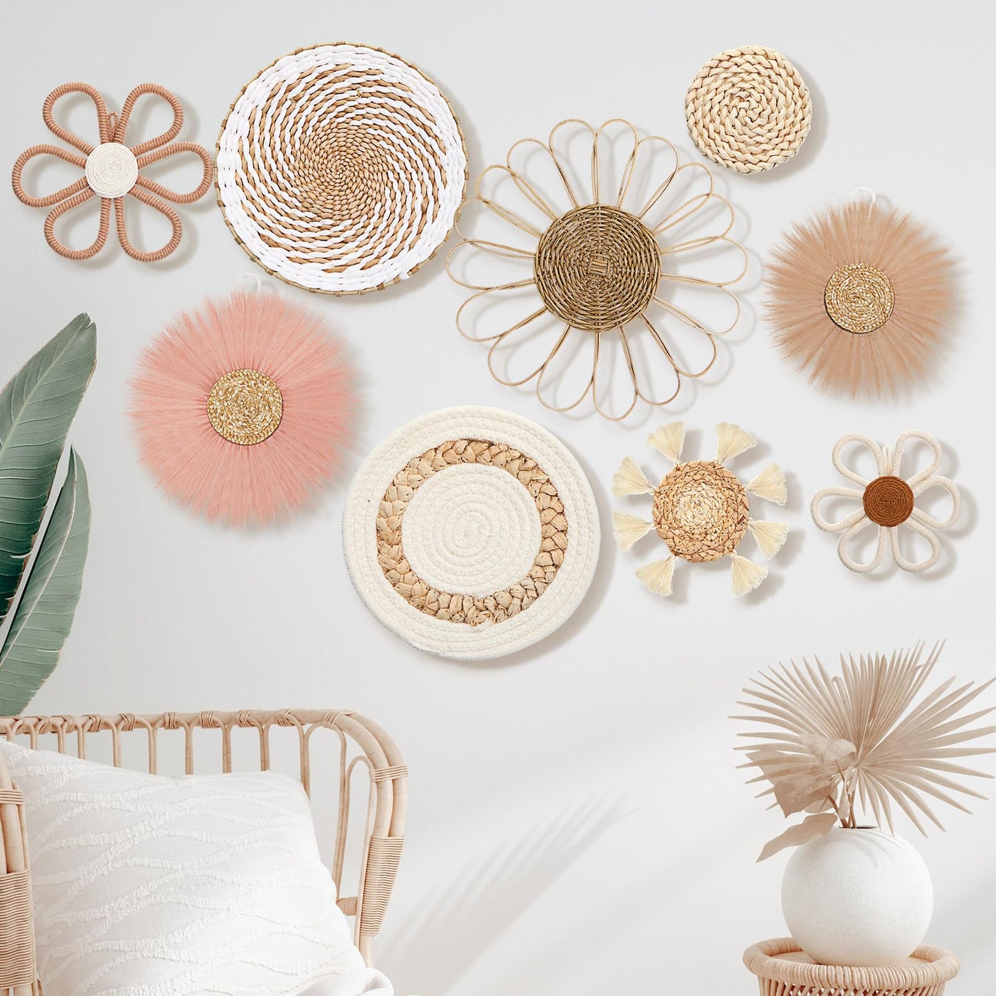 Chunful 9 Pcs Boho Nursery Wall Decor Daisy Flower Woven Macrame Seagrass Rattan Basket Wall Hanging Bohemian Decorations Gifts for Home Dorm Art Farmhouse Bedrooms Living Room(Pink Brown)