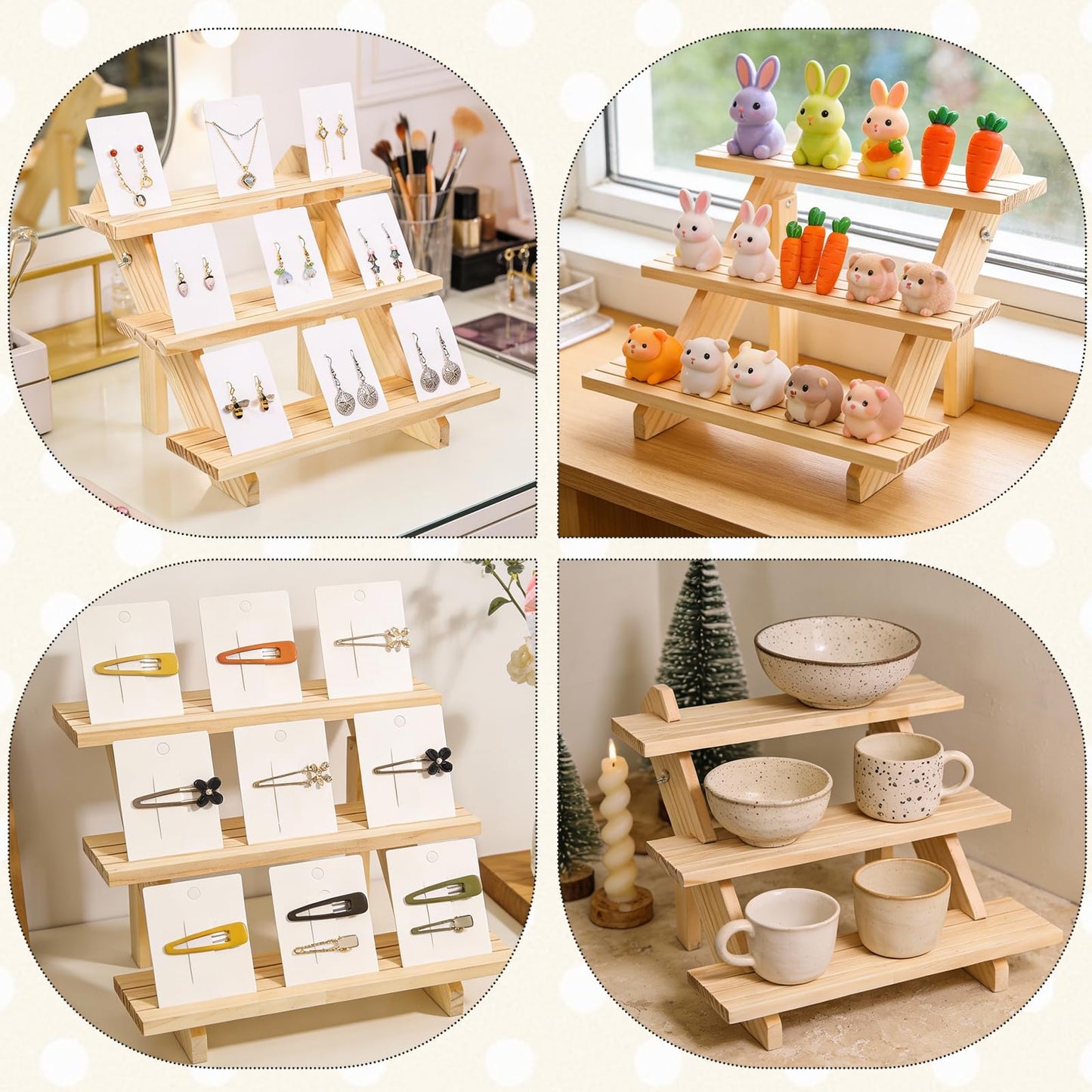 HANLANXUE 3 Tier Wooden Display Stand, 2 Pack Earring Display Stands For Selling Detachable Wood Tiered Jewelry Card Show Stand for Jewelry Cupcake Party Home Photo Outdoor Stalls