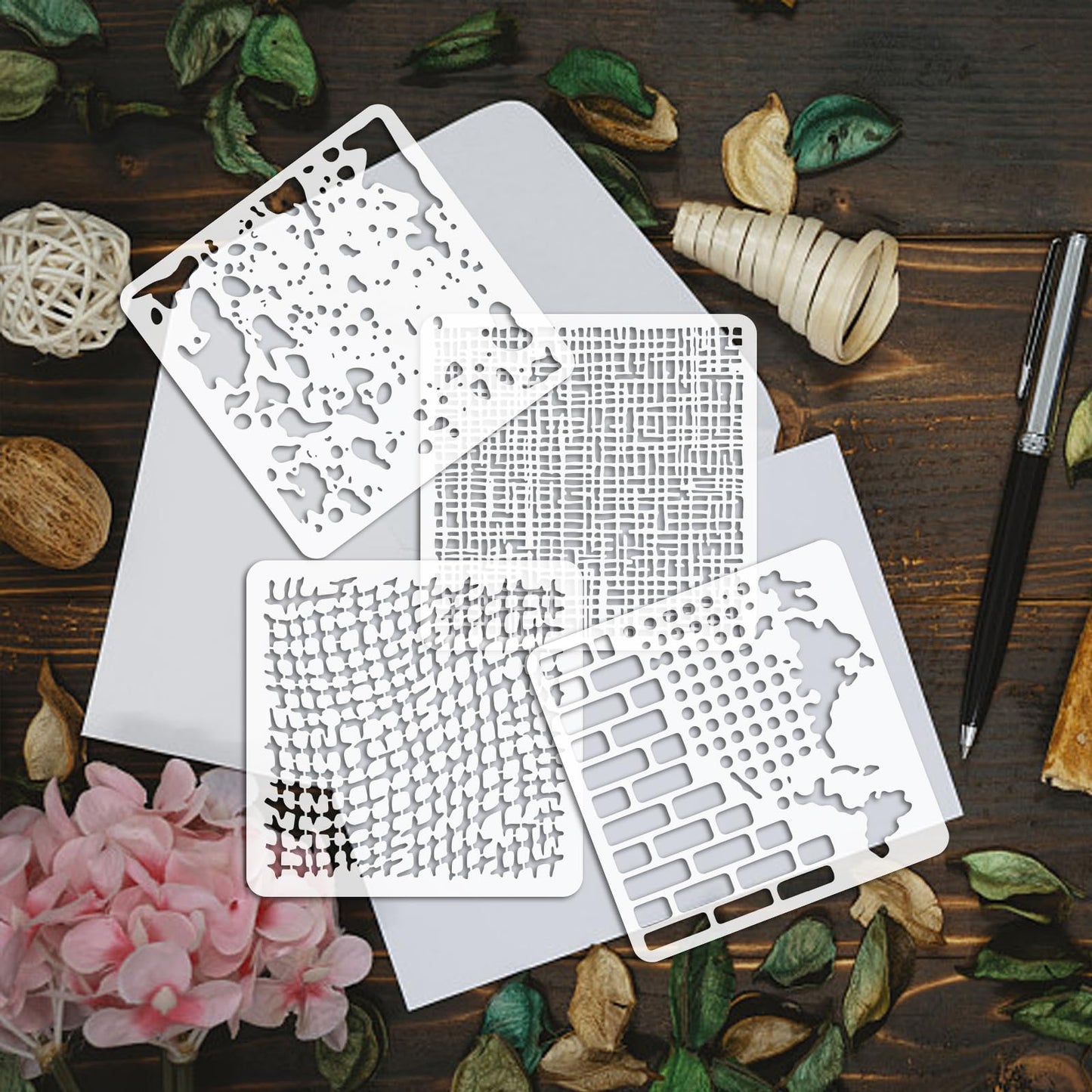 beinkmake 16Pcs Layering Stencils for Painting Geometric Texture Stencil PET Painting Templates Tree Bubble Waves Inlay Border Stencils for Furniture Reusable DIY Craft for Wall Wood Fabric