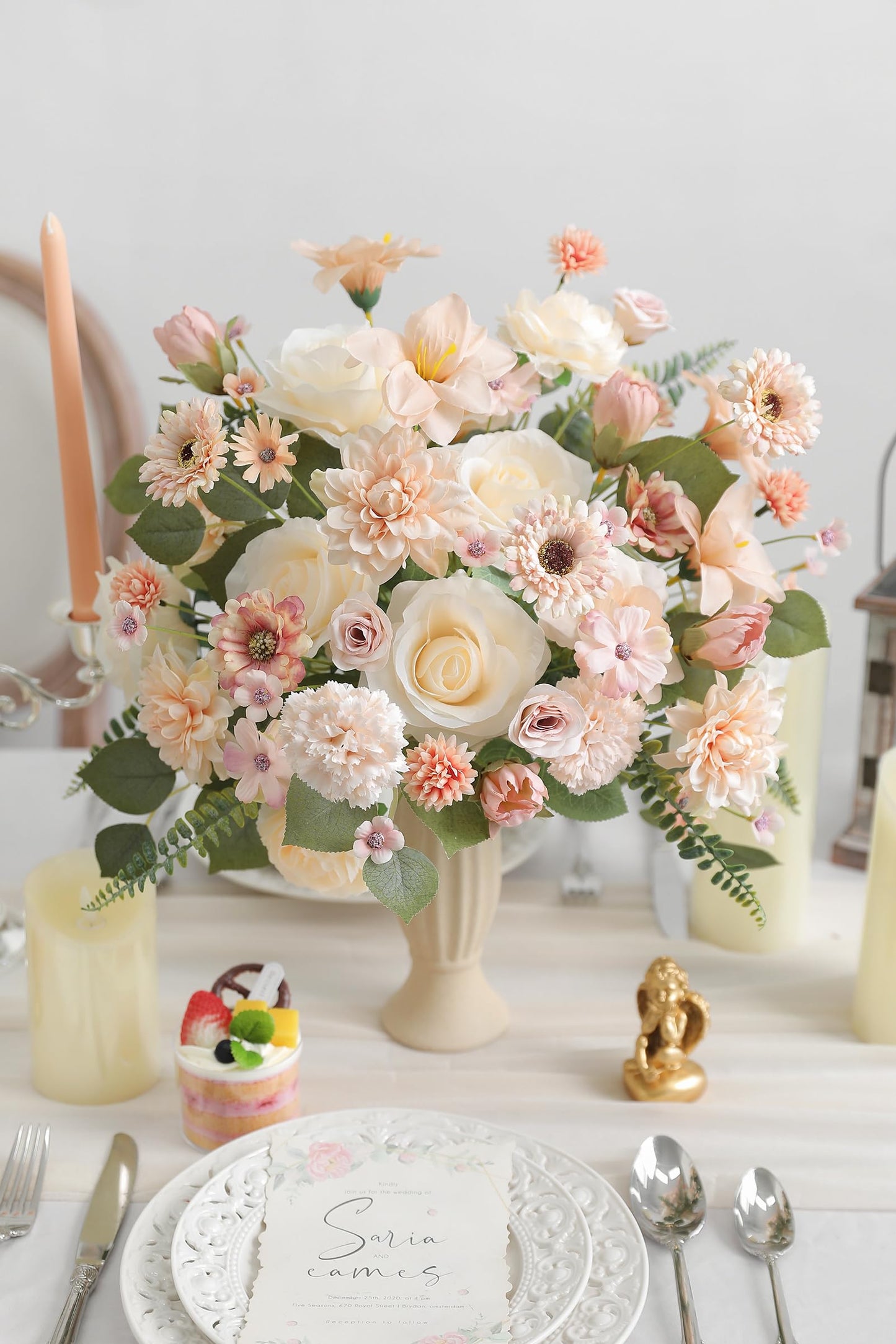 RUIDKUN Fake Flowers Heads Bulk Champagne Mini Artificial Silk Flower for Crafts, Small Artificial Daisy Roses Faux Flowers for Graduation Cap DIY Cake Wedding Party Home Garland Decoration