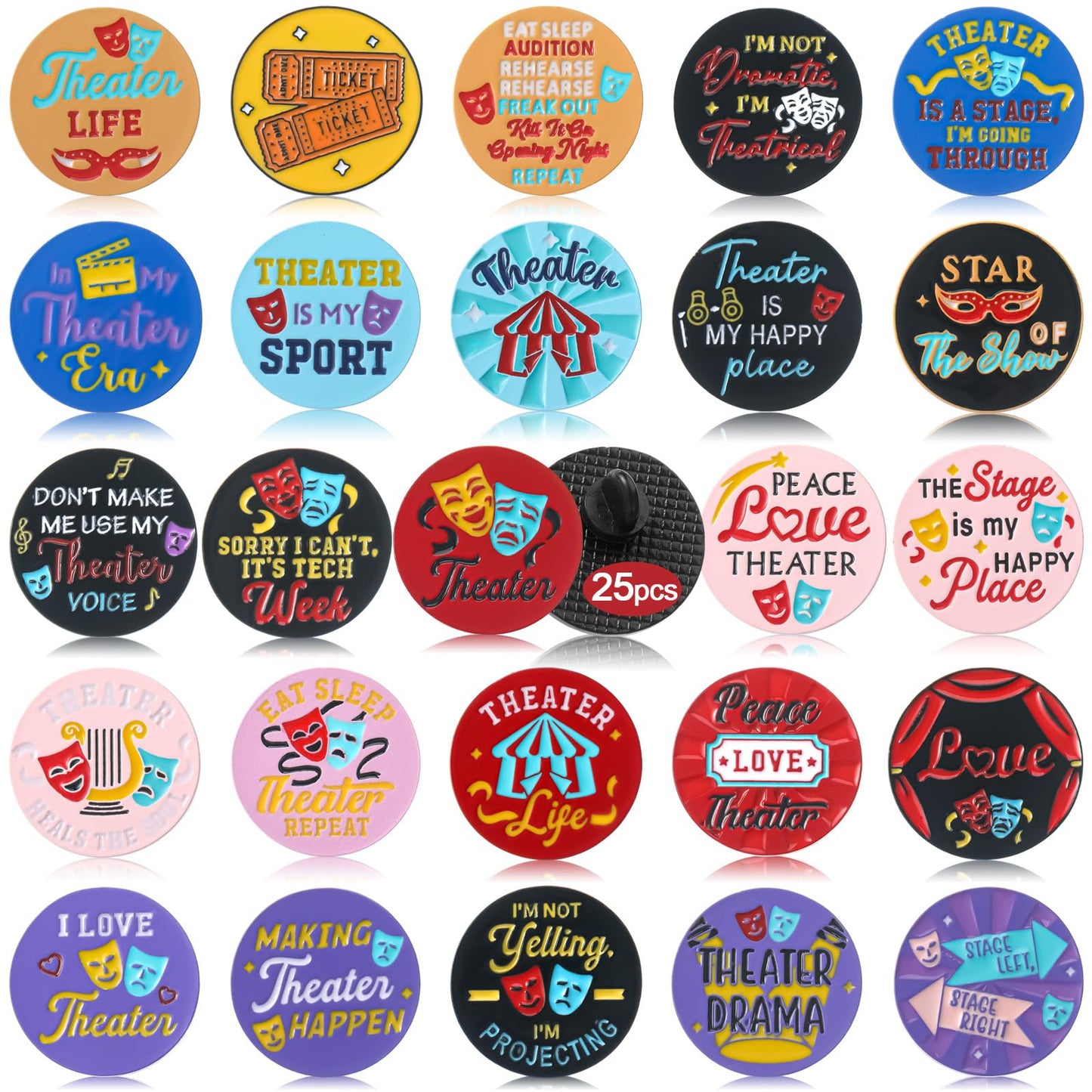 Huquary Theater Pins Bulk Musical Theater Gifts Broadway Comedy Tragedy Mask Enamel Pins Charms Performance Award Theater Lapel Badge for Drama Lovers Events Groups Party Favors(25 Pcs,Theater Theme)